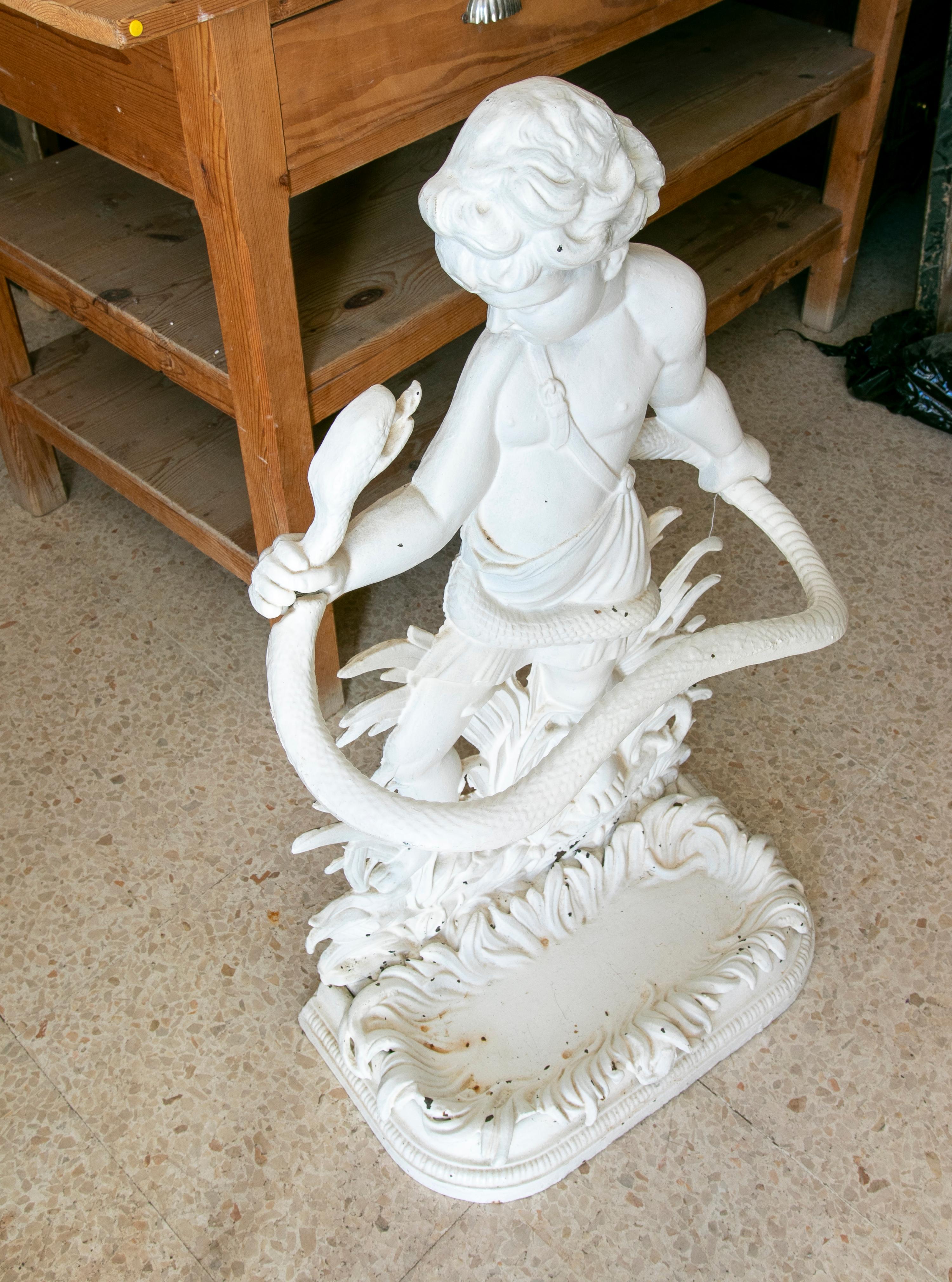 French Iron Umbrella Holder with a Child and a Snake in White For Sale 8