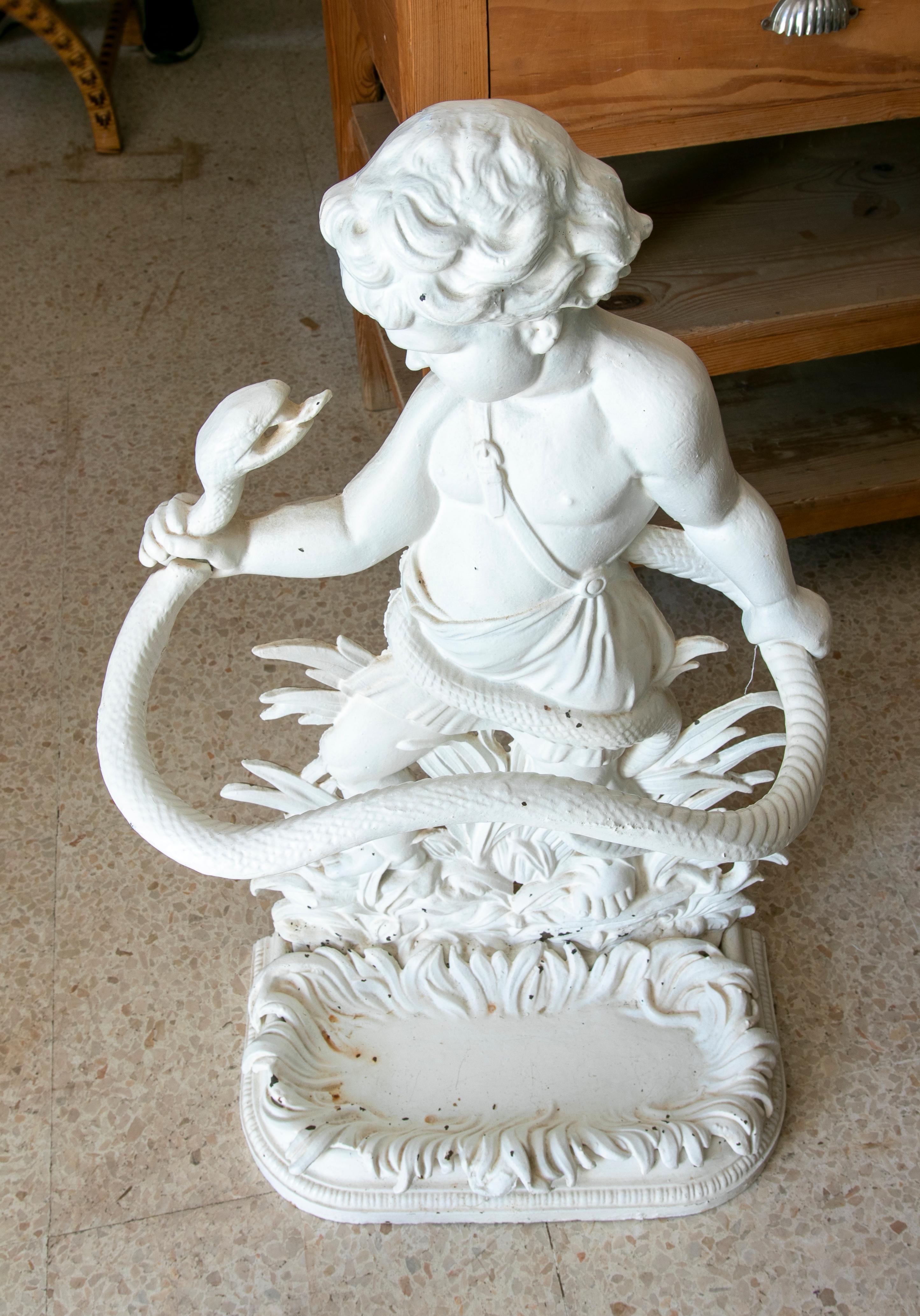 French Iron Umbrella Holder with a Child and a Snake in White For Sale 9