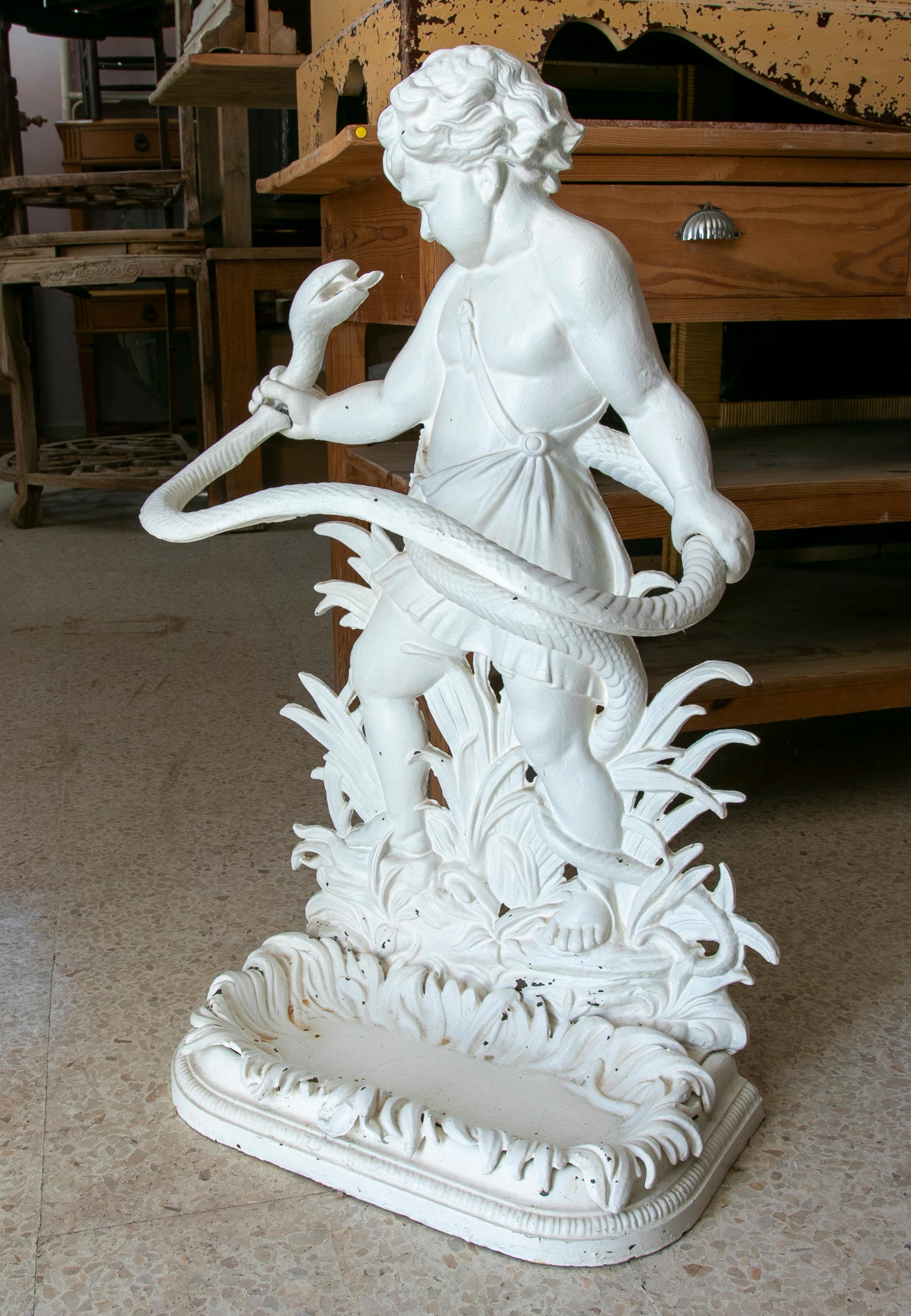 Spanish French Iron Umbrella Holder with a Child and a Snake in White For Sale