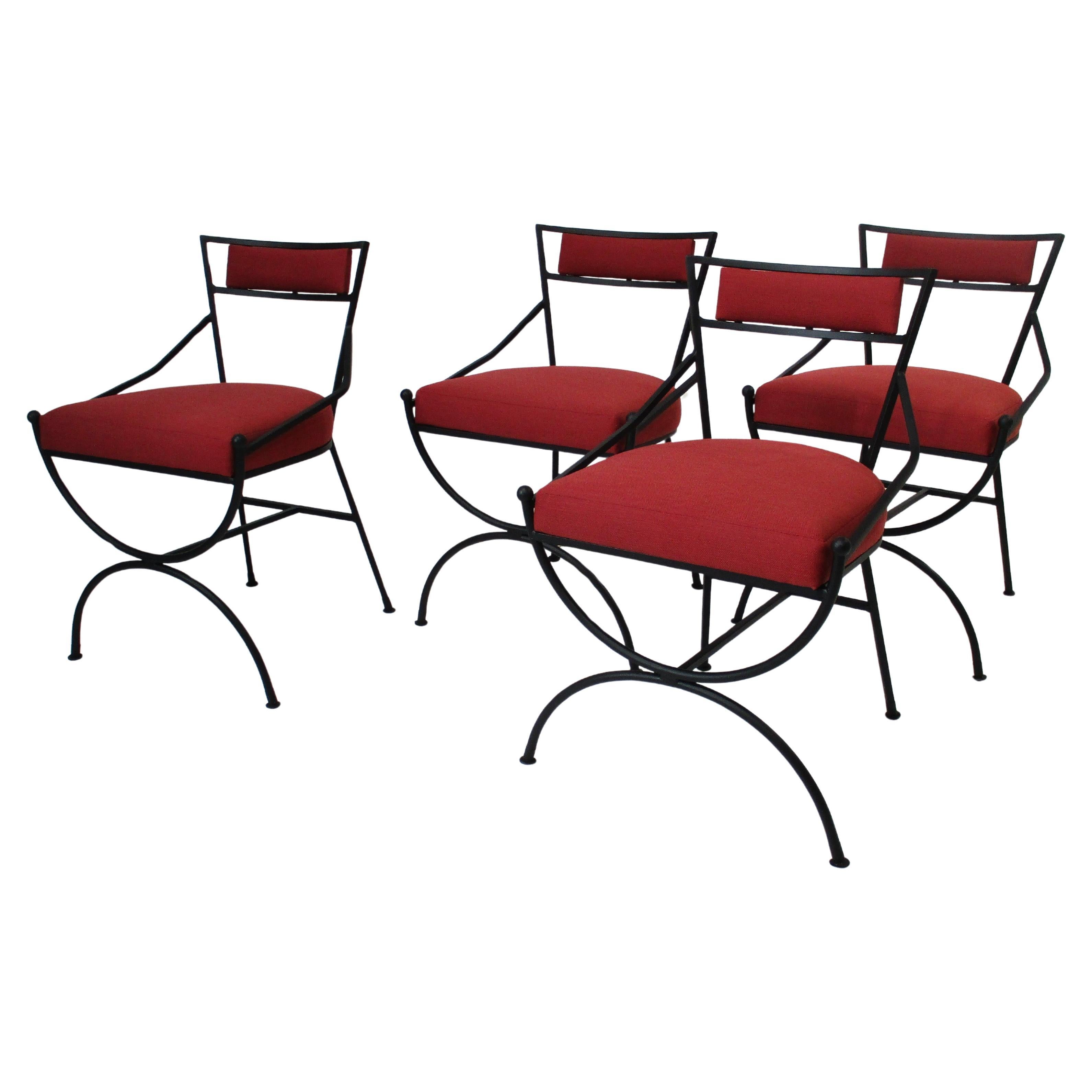 French Iron Upholstered Indoor Outdoor Mid Century Chairs in the style of Adnet