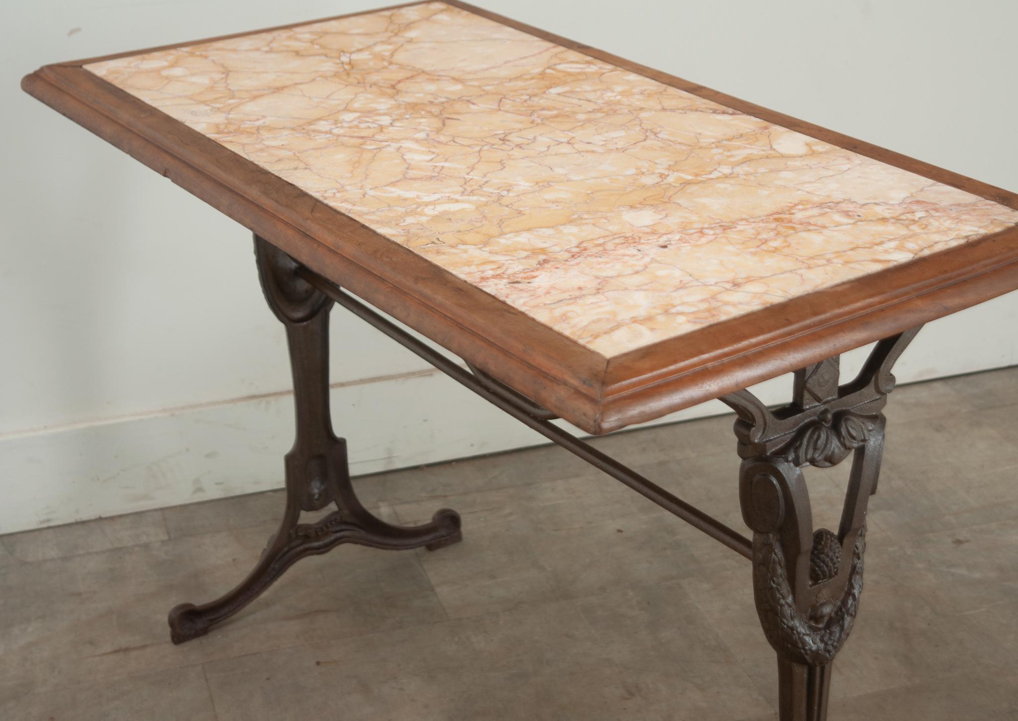 French Iron, Walnut, & Marble Bistro Table For Sale 5