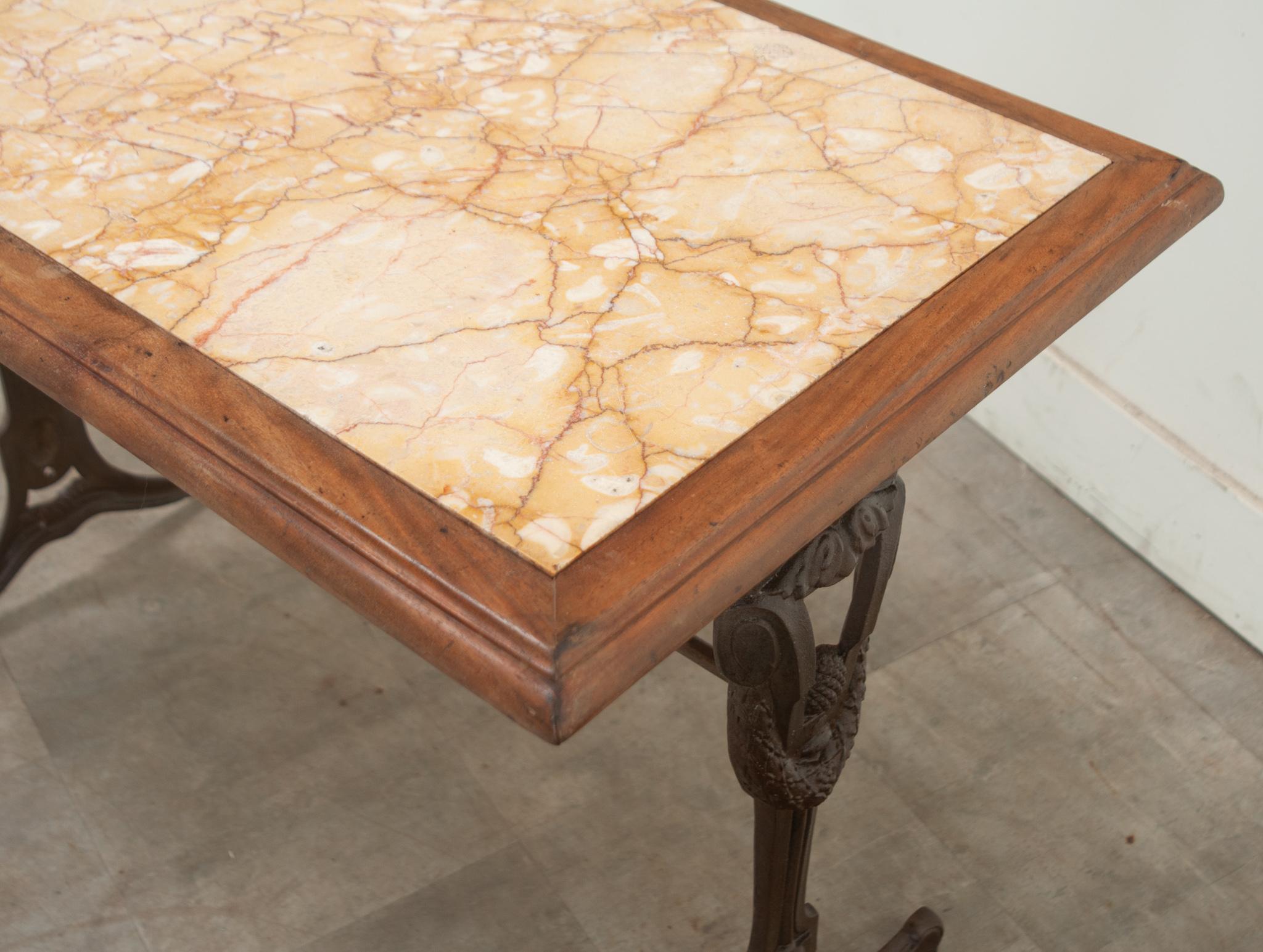 French Iron, Walnut, & Marble Bistro Table For Sale 1