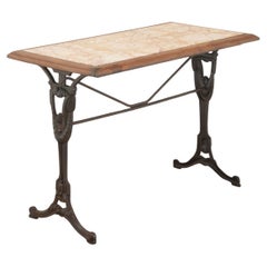 Table de bistrot en fer français, noyer et marbre