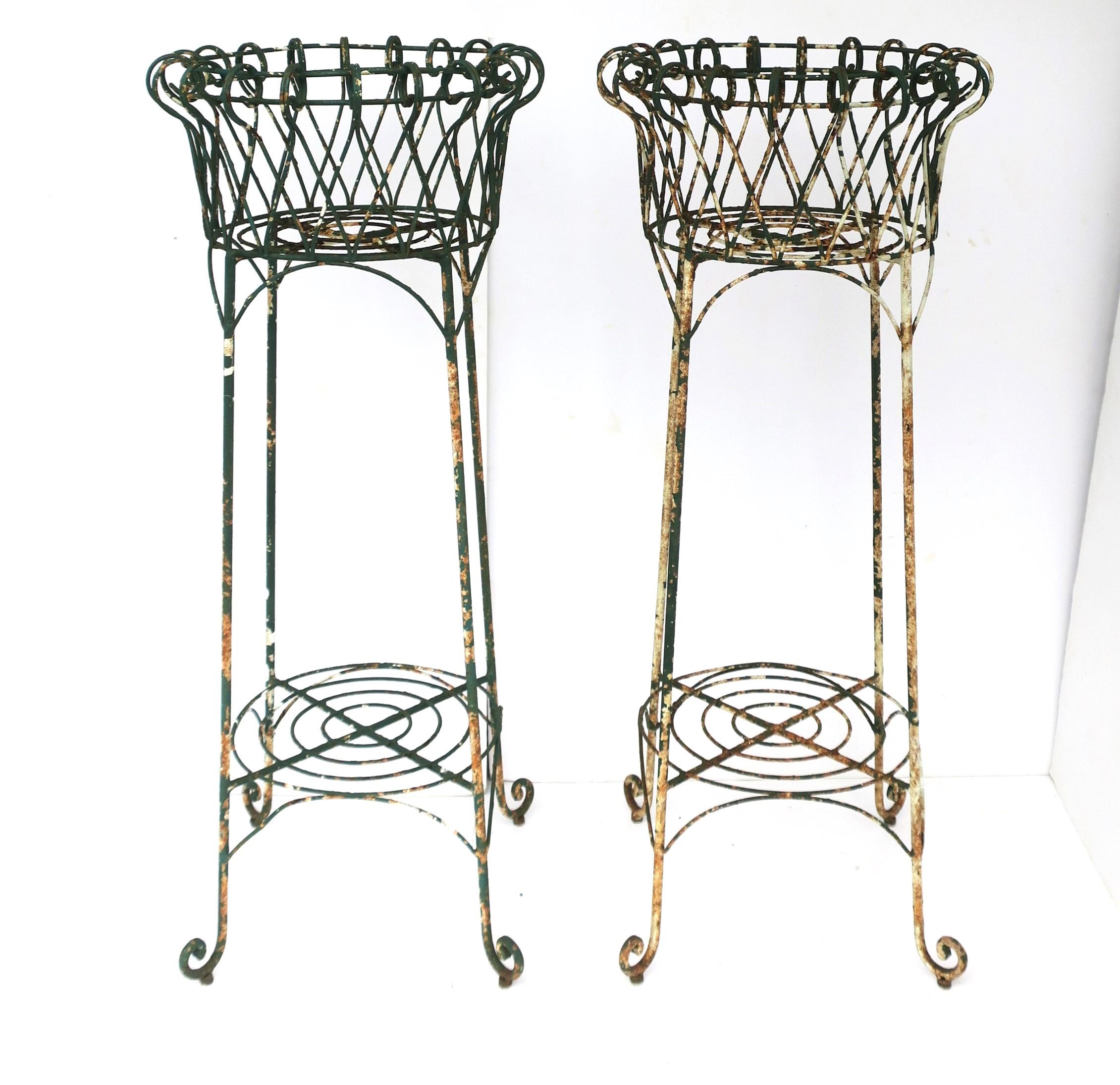 Painted French Iron Wire Plant Flowerpot Holder Stands Jardinieres, Pair