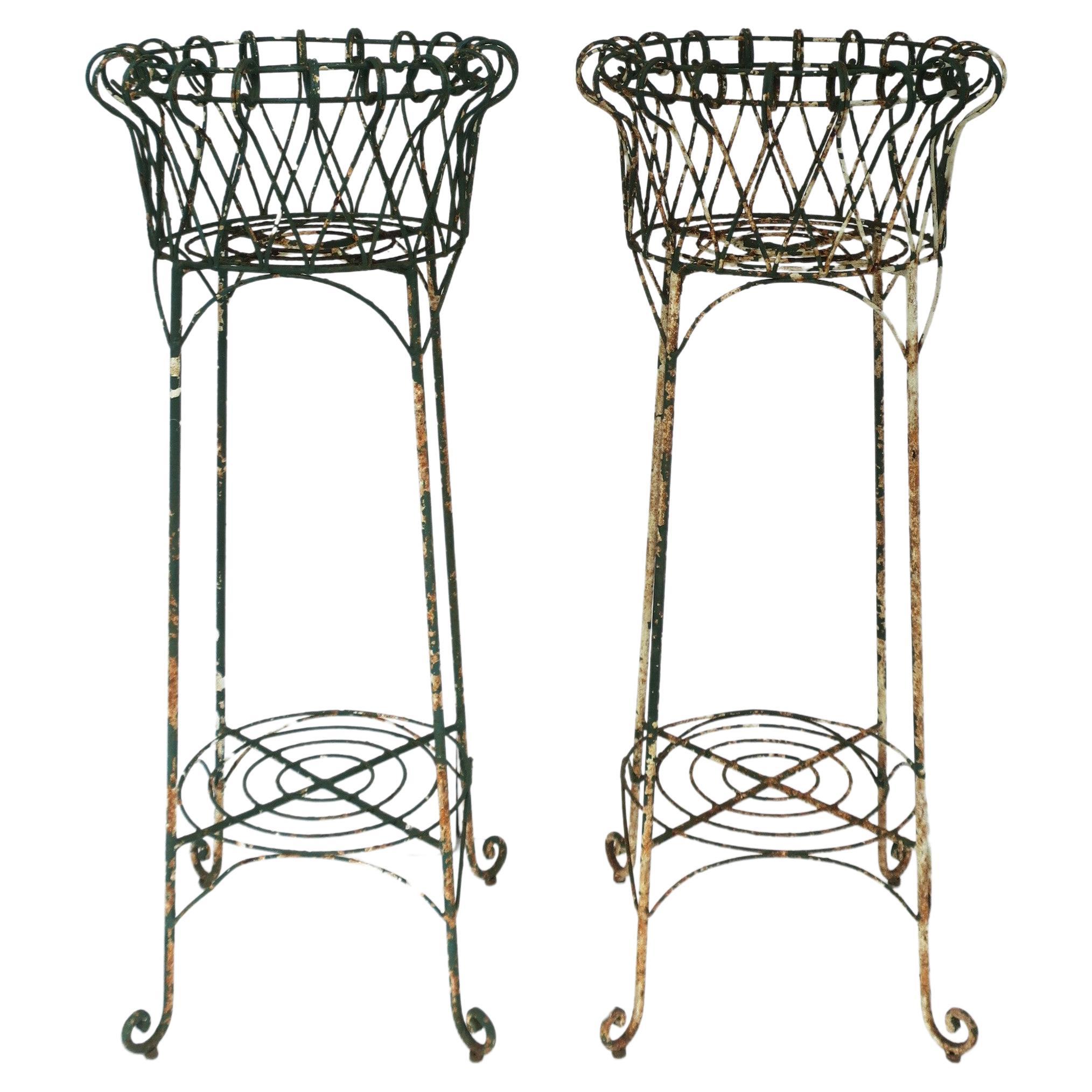 French Iron Wire Plant Flowerpot Holder Stands Jardinieres, Pair