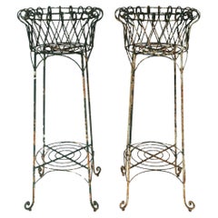 French Iron Wire Plant Flowerpot Holder Stands Jardinieres, Pair