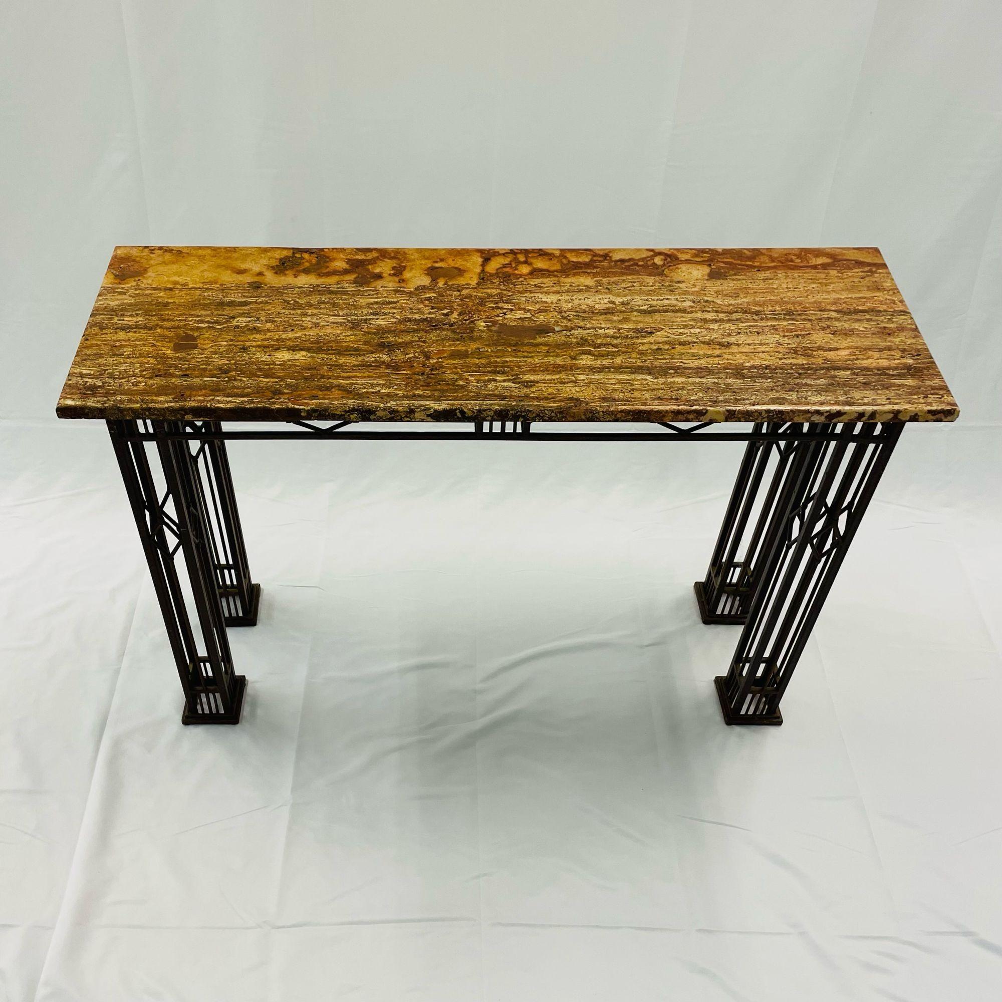 Industrial French Iron Work Console / Sofa Table, Marble Top For Sale