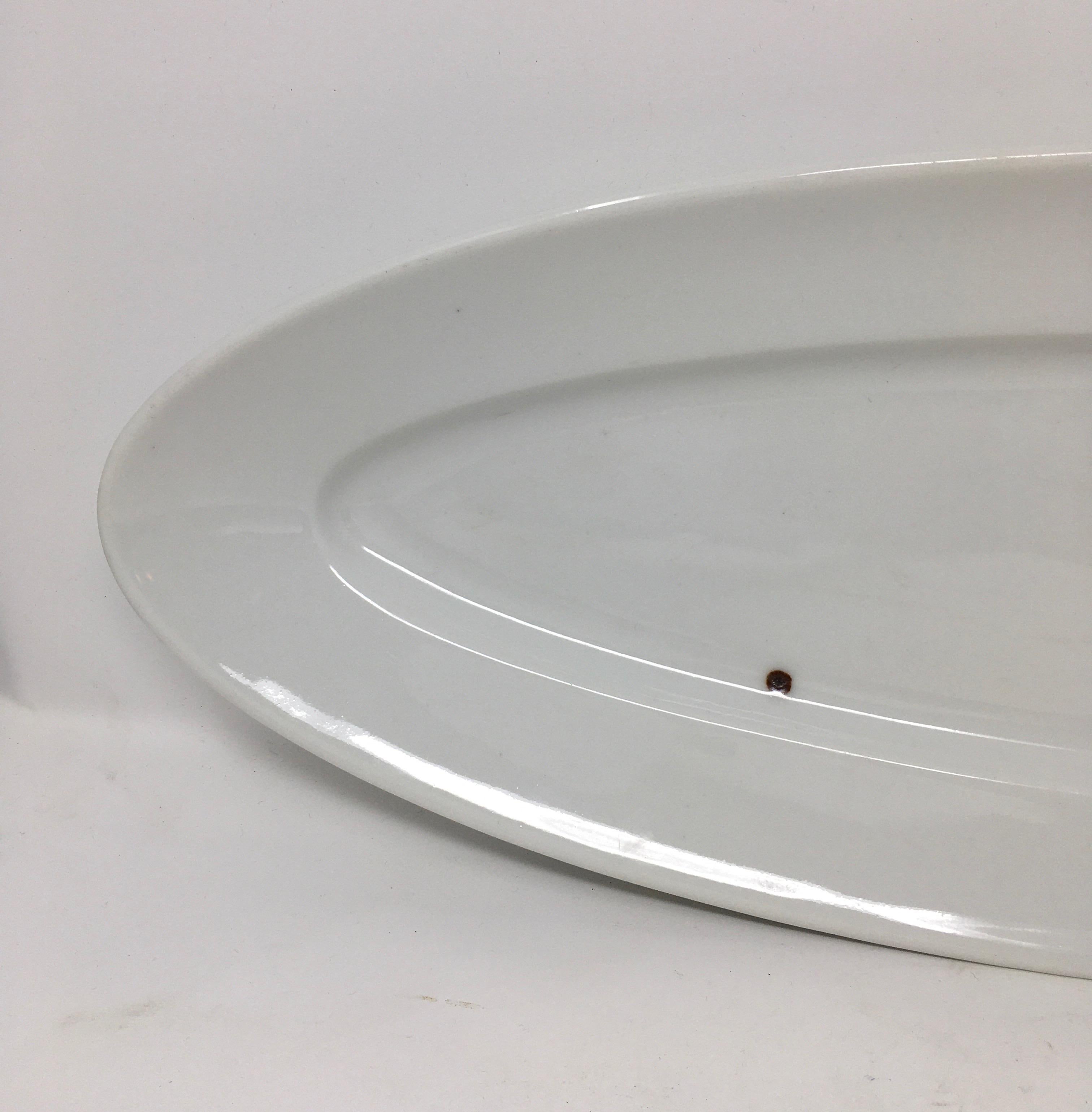 Found in the South of France, this long and elegant serving platter was used to serve fish and meats. Manufactured ironstone, the top surface has a slight glaze defect in which the ironstone shows through. This only adds to the charm of this piece.