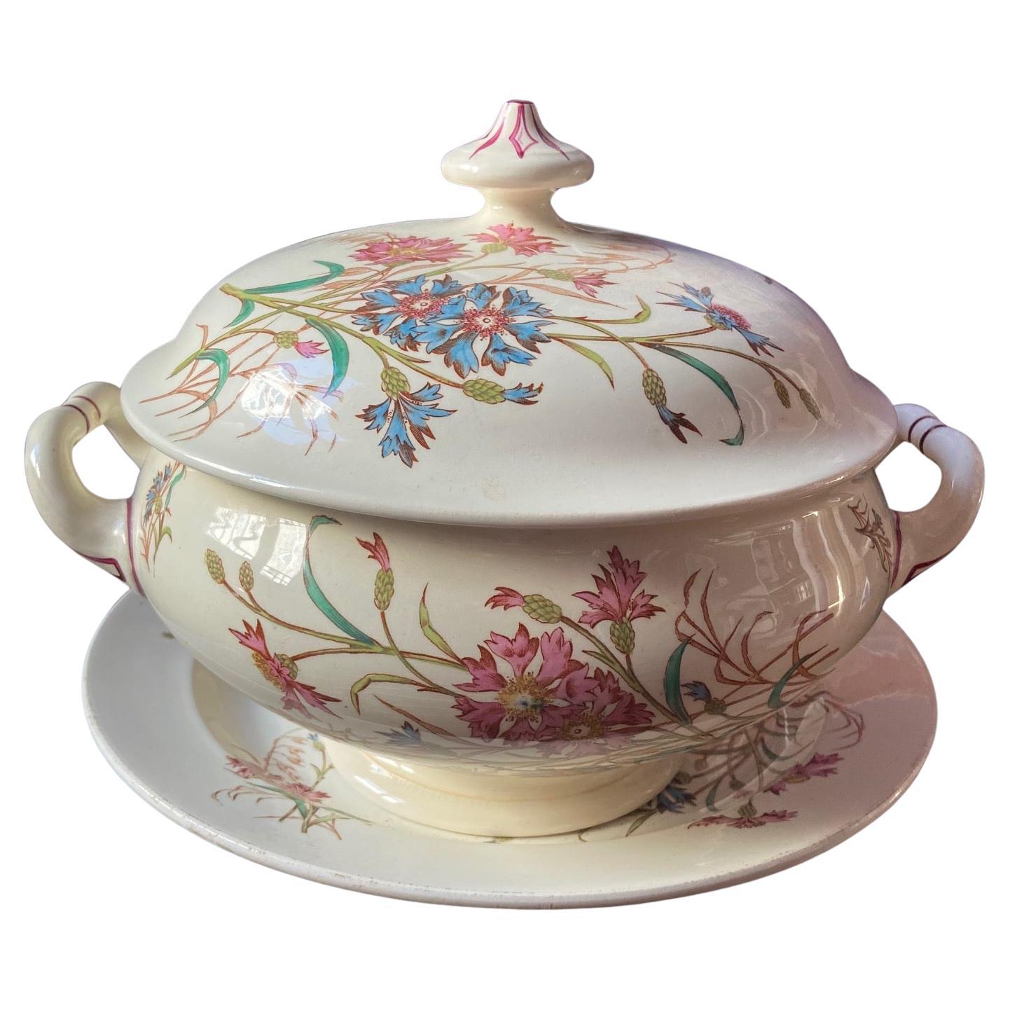 French Ironstone Lidded Tureen and platter "cornflower" by K&G Luneville