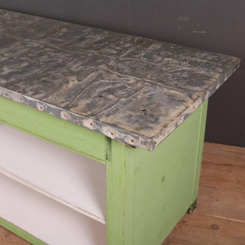 Unusual French eight-drawer zinc topped kitchen island unit/ counter. Awaiting knobs, 1880

Dimensions:
93.5 inches (237 cms) wide
29.5 inches (75 cms) deep
31.5 inches (80 cms) high.

 