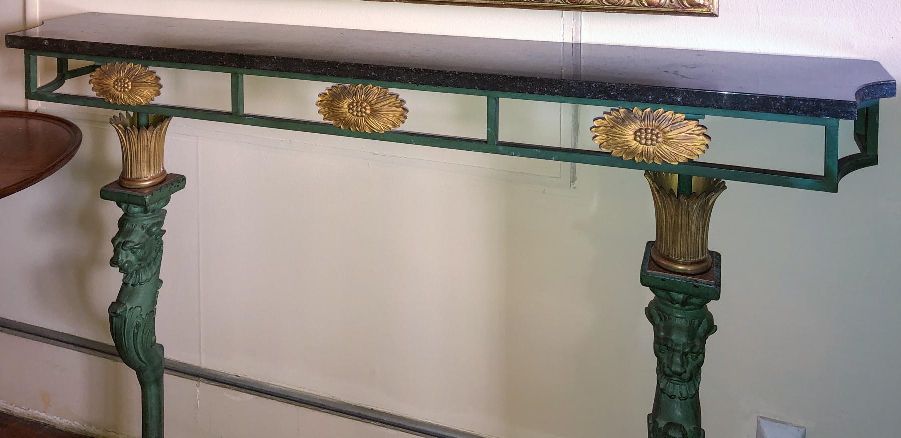 Neoclassical French Neoclassic//Directoire' Style Marble Top Gilt Bronze & Iron Console Table For Sale