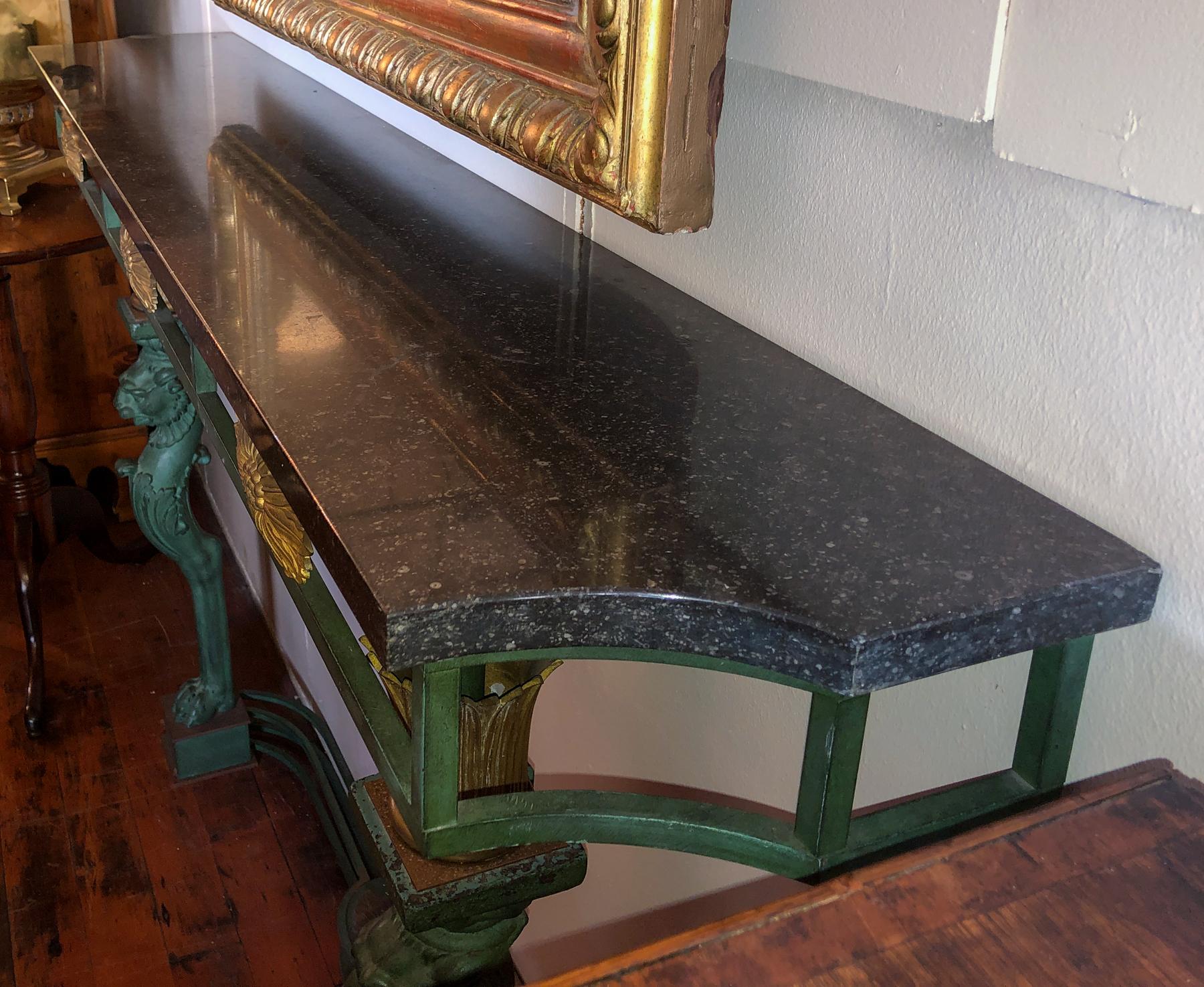 20th Century French Neoclassic//Directoire' Style Marble Top Gilt Bronze & Iron Console Table For Sale