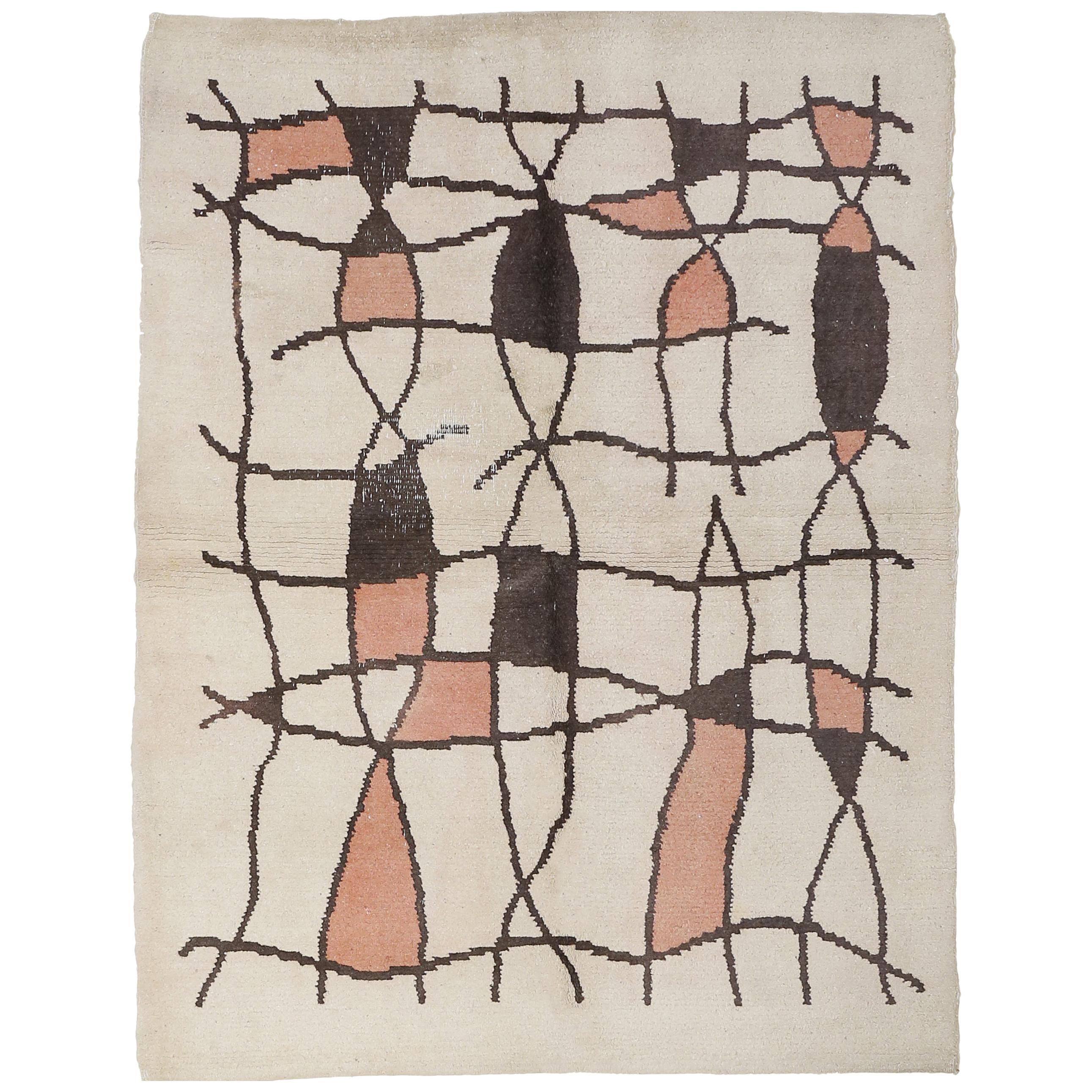 Tapis Art Déco français ivoire abstrait et moderniste