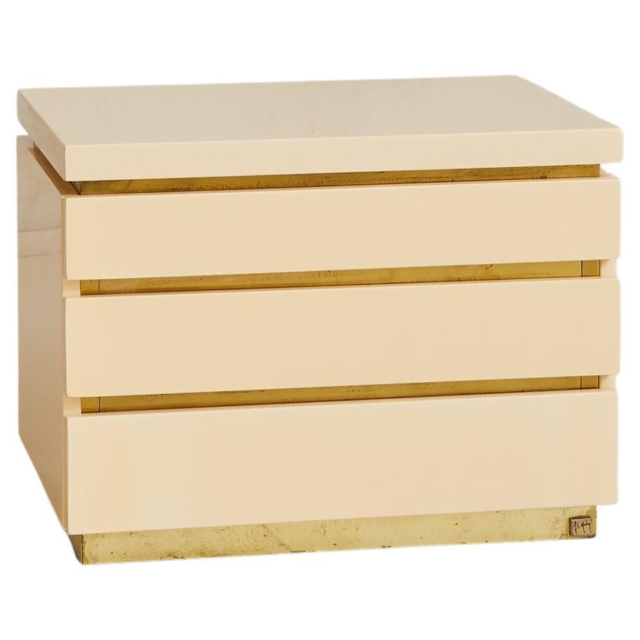 French Ivory + Brass Bedside Table by Jean Claude Mahey, 1970s - 2 Available en vente