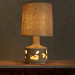 French Ivory Ceramic Table Lamp with Cut-Out Motifs, 1960s
