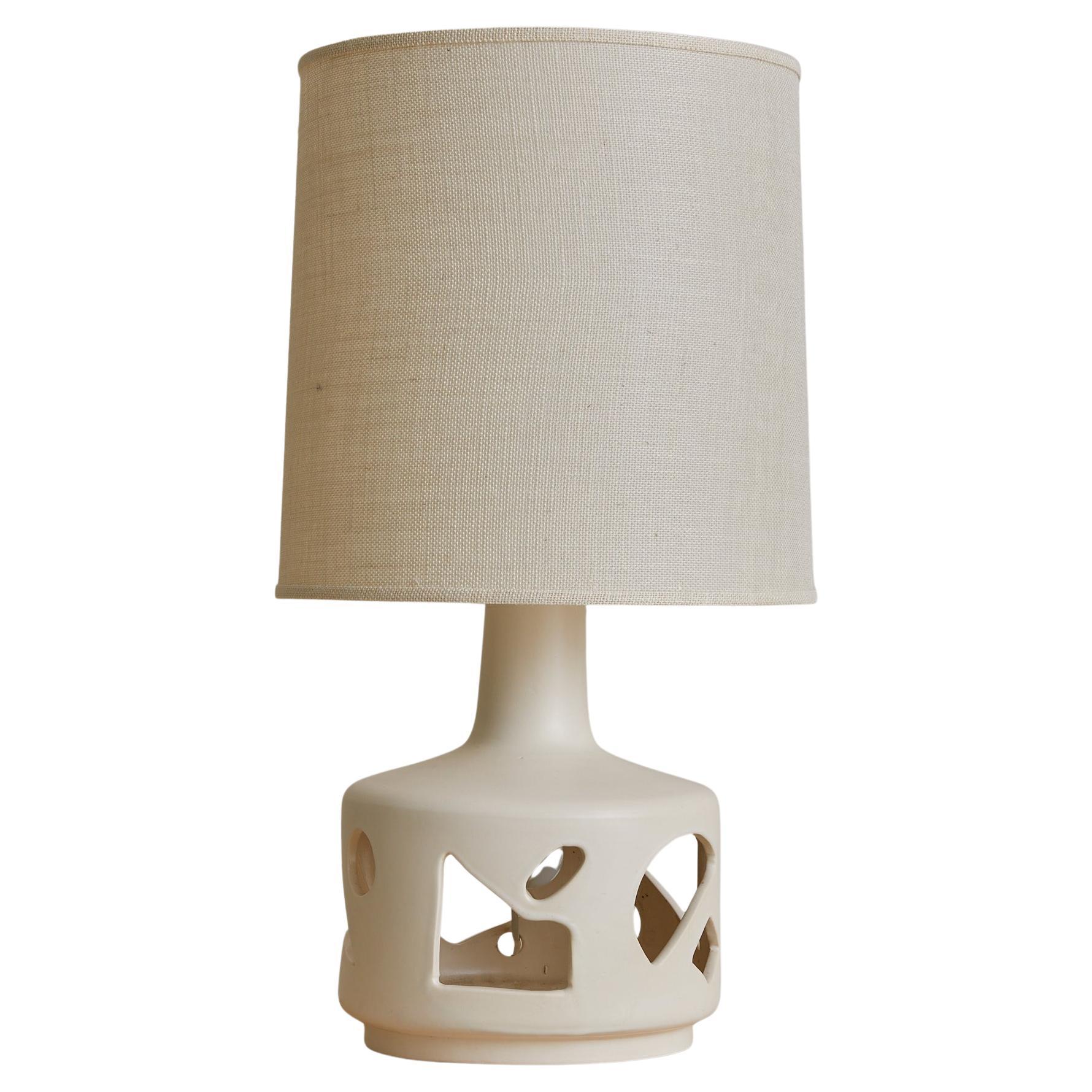 French Ivory Ceramic Table Lamp with Cut-Out Motifs, 1960s en vente