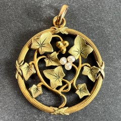 French Ivy Leaves Rolled 18K Yellow Rose White Gold Seed Pearl Charm Pendant