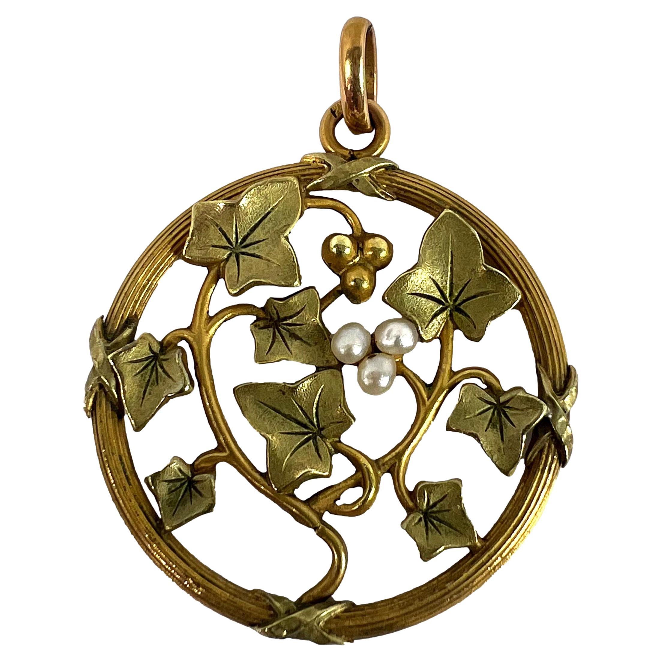French Ivy Leaves Rolled 18K Yellow Rose White Gold Seed Pearl Charm Pendant