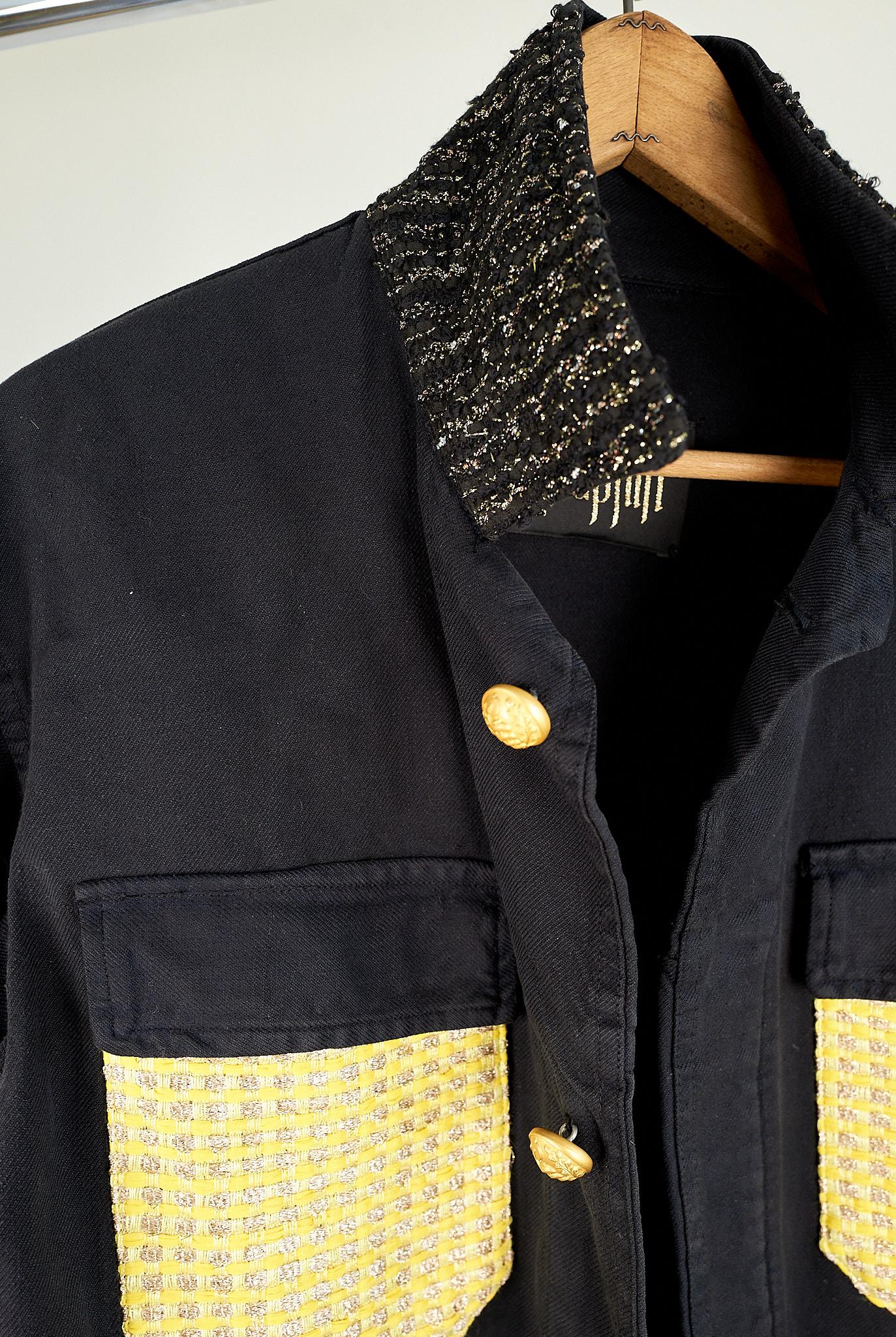 Women's French Jacket Black Yellow Lurex Pockets Black Lurex Tweed Gold Buttons 
