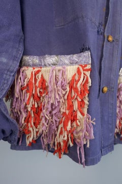 French Jacket Distressed Blue Lavender Fringe Pockets Gold Chain Lilac Tweed
