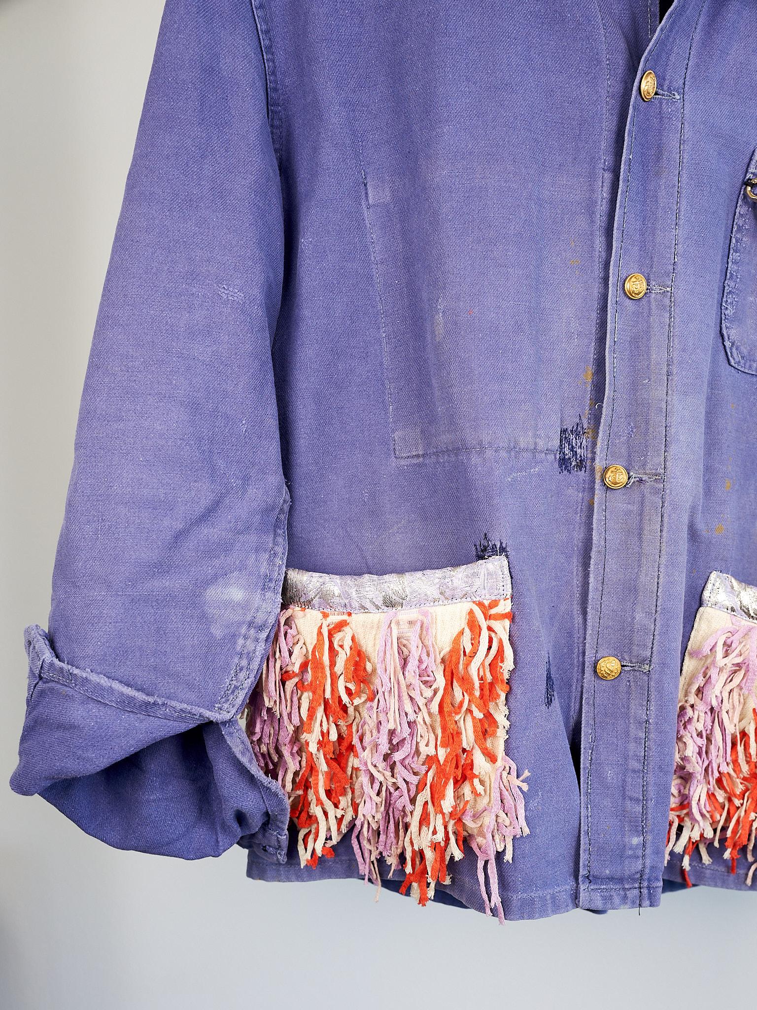 French Jacket Distressed Blue Lavender Fringe Pockets Gold Chain Lilac Tweed In New Condition In Los Angeles, CA