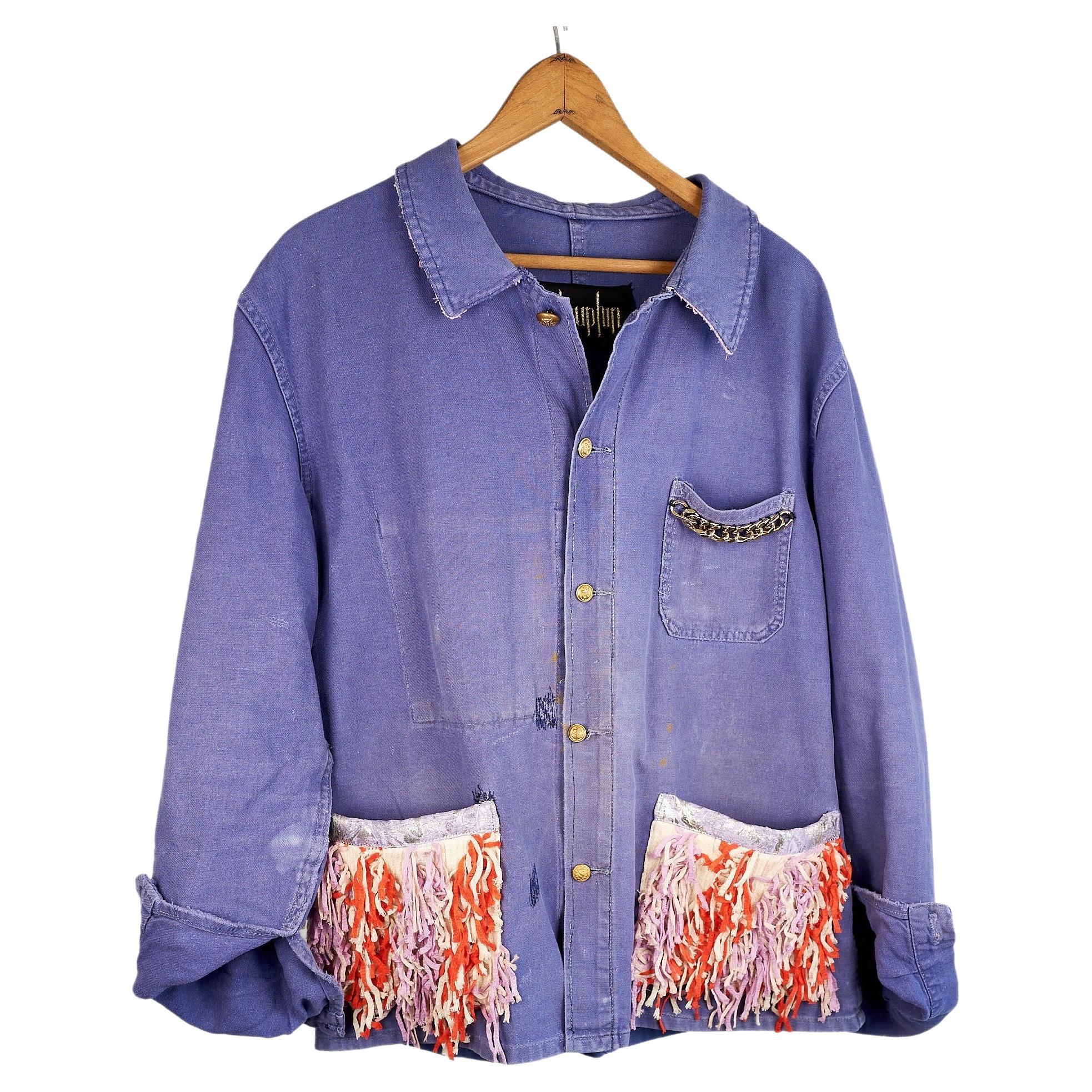 French Jacket Distressed Blue Lavender Fringe Pockets Gold Chain Lilac Tweed