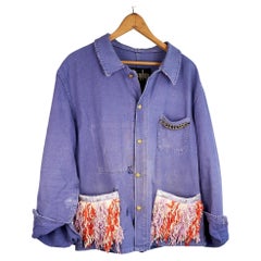French Jacket Distressed Blue Lavender Fringe Pockets Gold Chain Lilac Tweed
