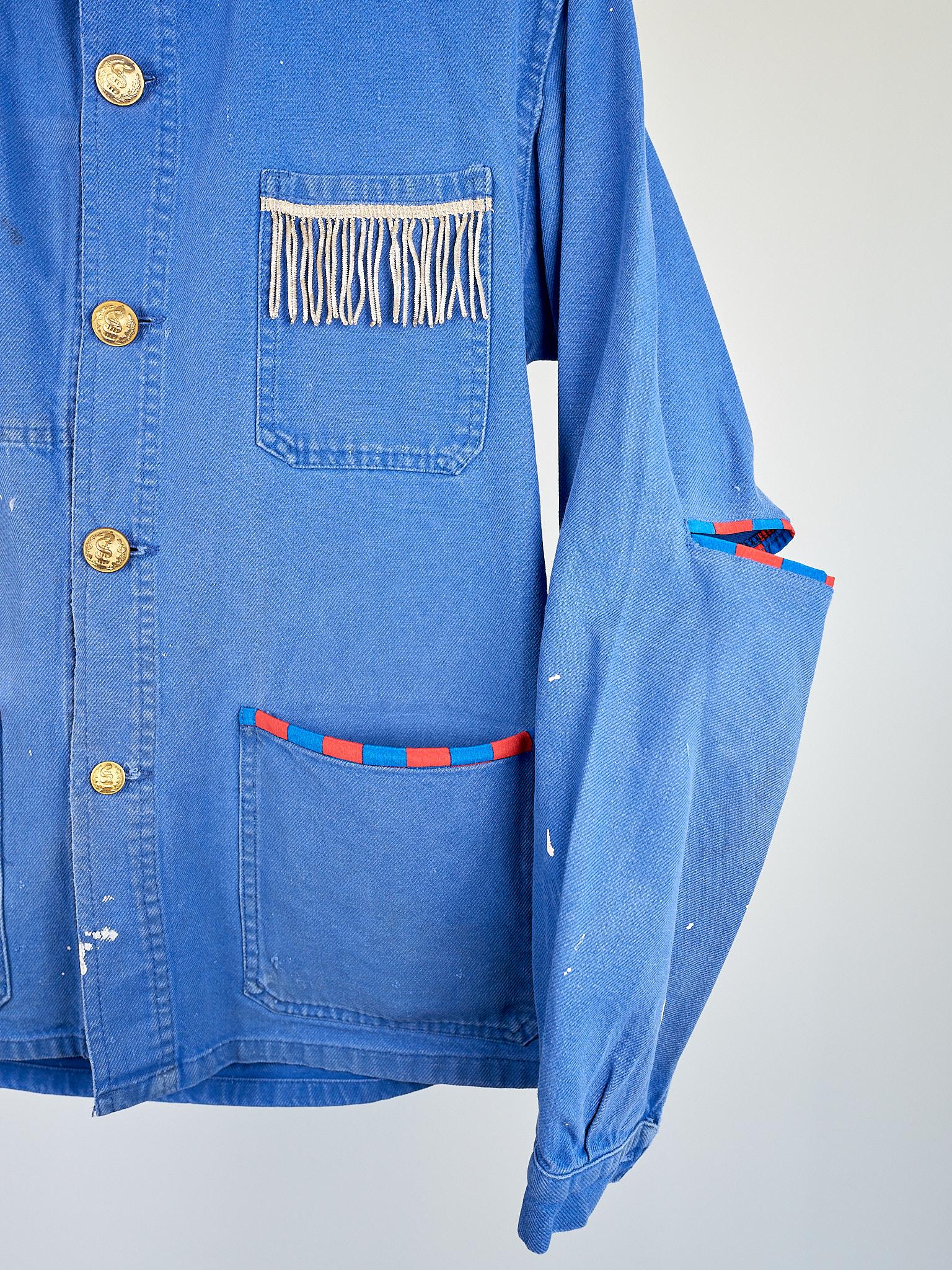 French Jacket Distressed Cobalt Blue Silver Bullion Fringes Red Blue White Silk In New Condition In Los Angeles, CA