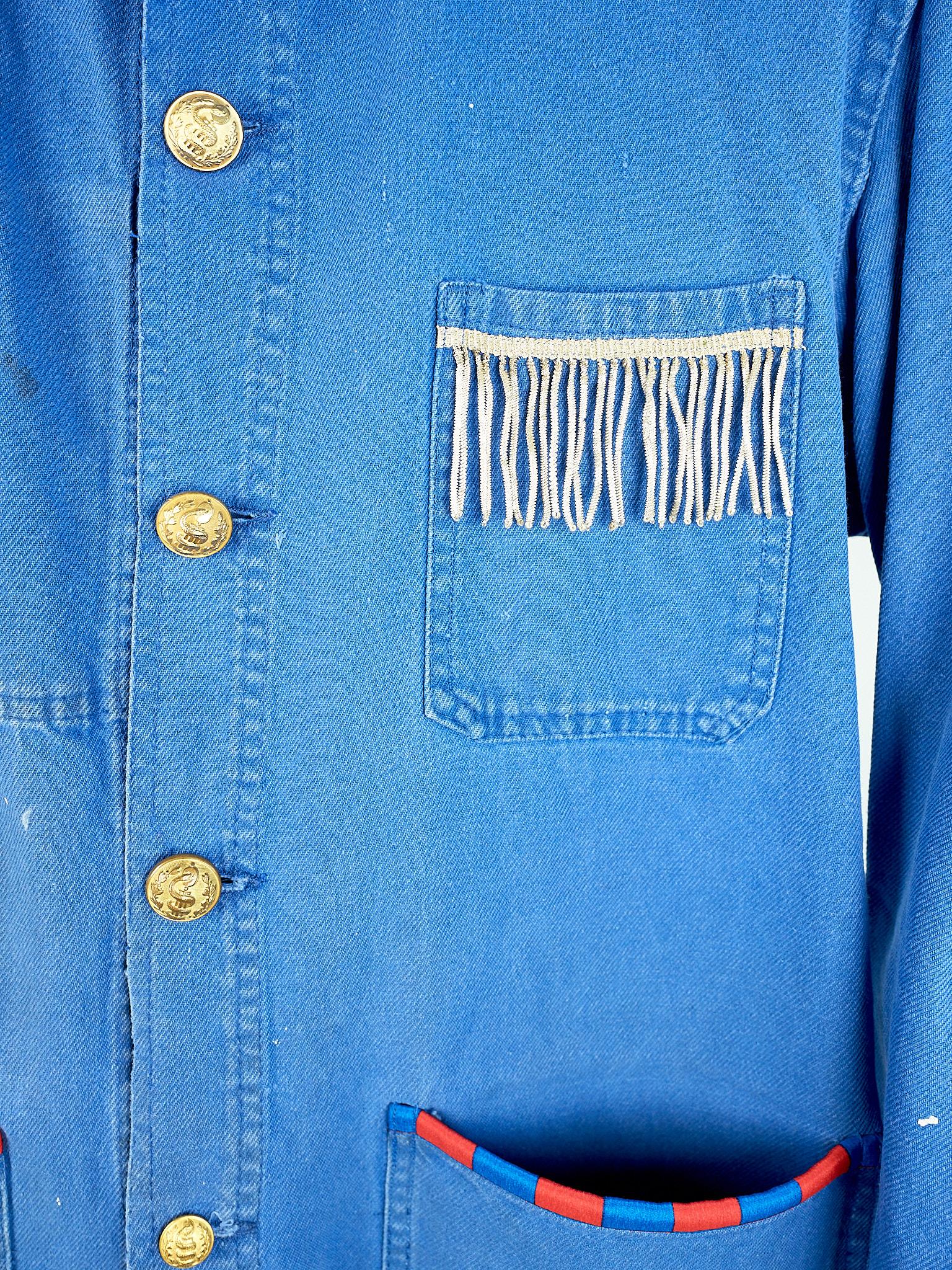 Women's French Jacket Distressed Cobalt Blue Silver Bullion Fringes Red Blue White Silk