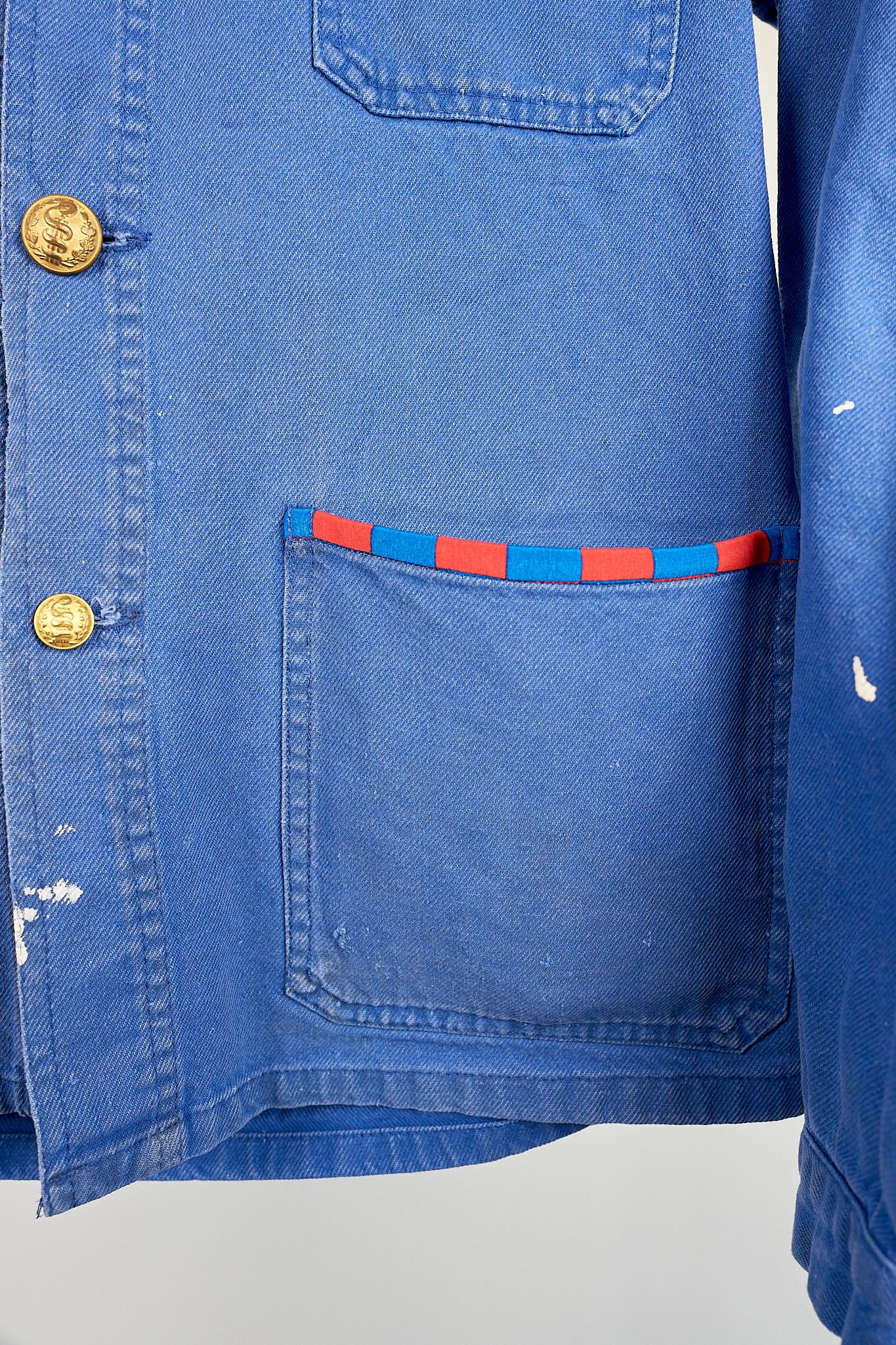 French Jacket Distressed Cobalt Blue Silver Bullion Fringes Red Blue White Silk 1
