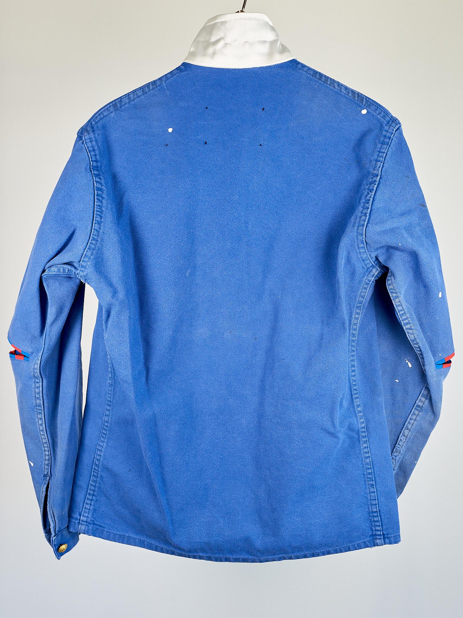 French Jacket Distressed Cobalt Blue Silver Bullion Fringes Red Blue White Silk 4