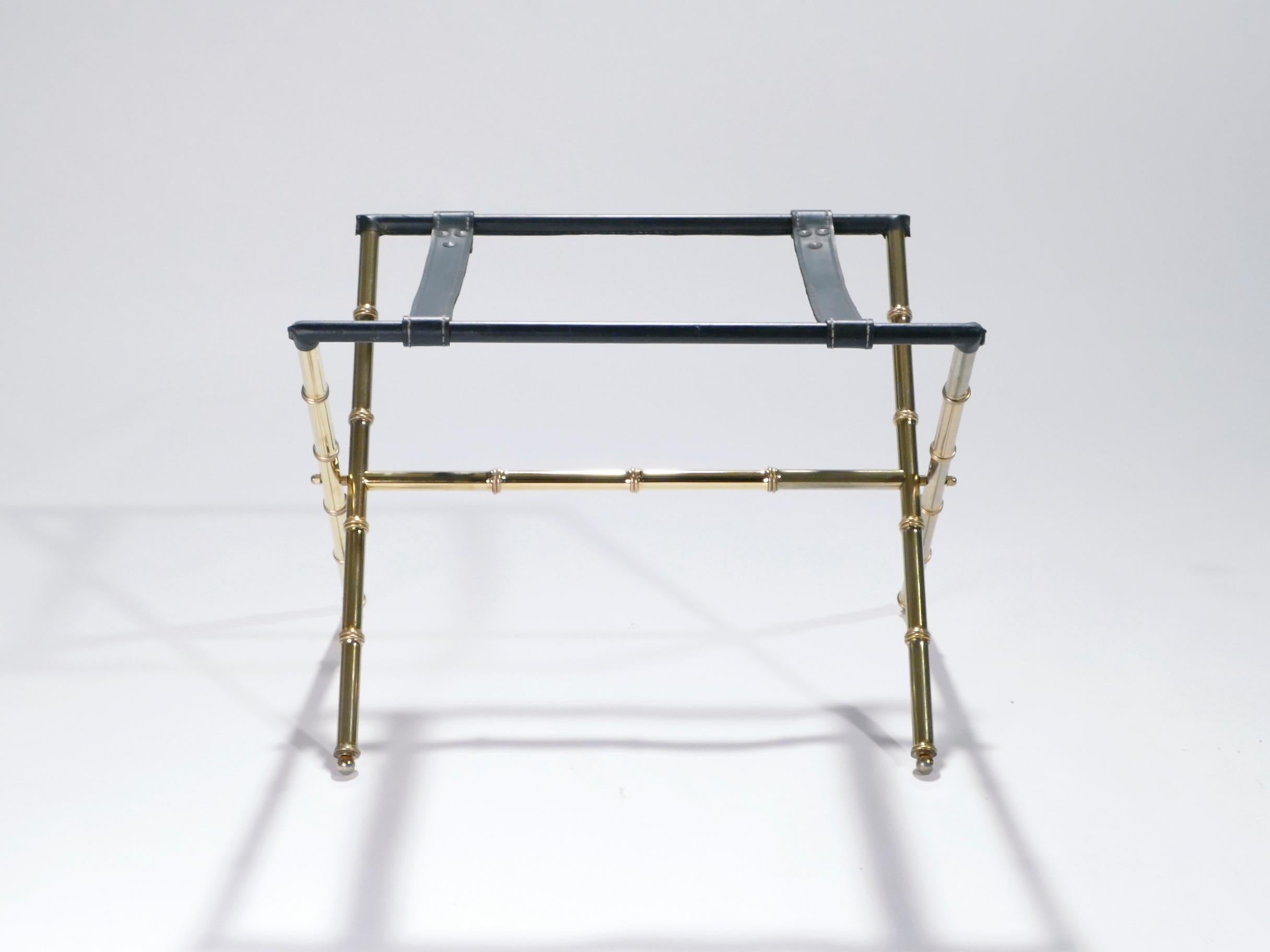 French Jacques Adnet Leather and Brass Side Table with Tray, 1950s 5