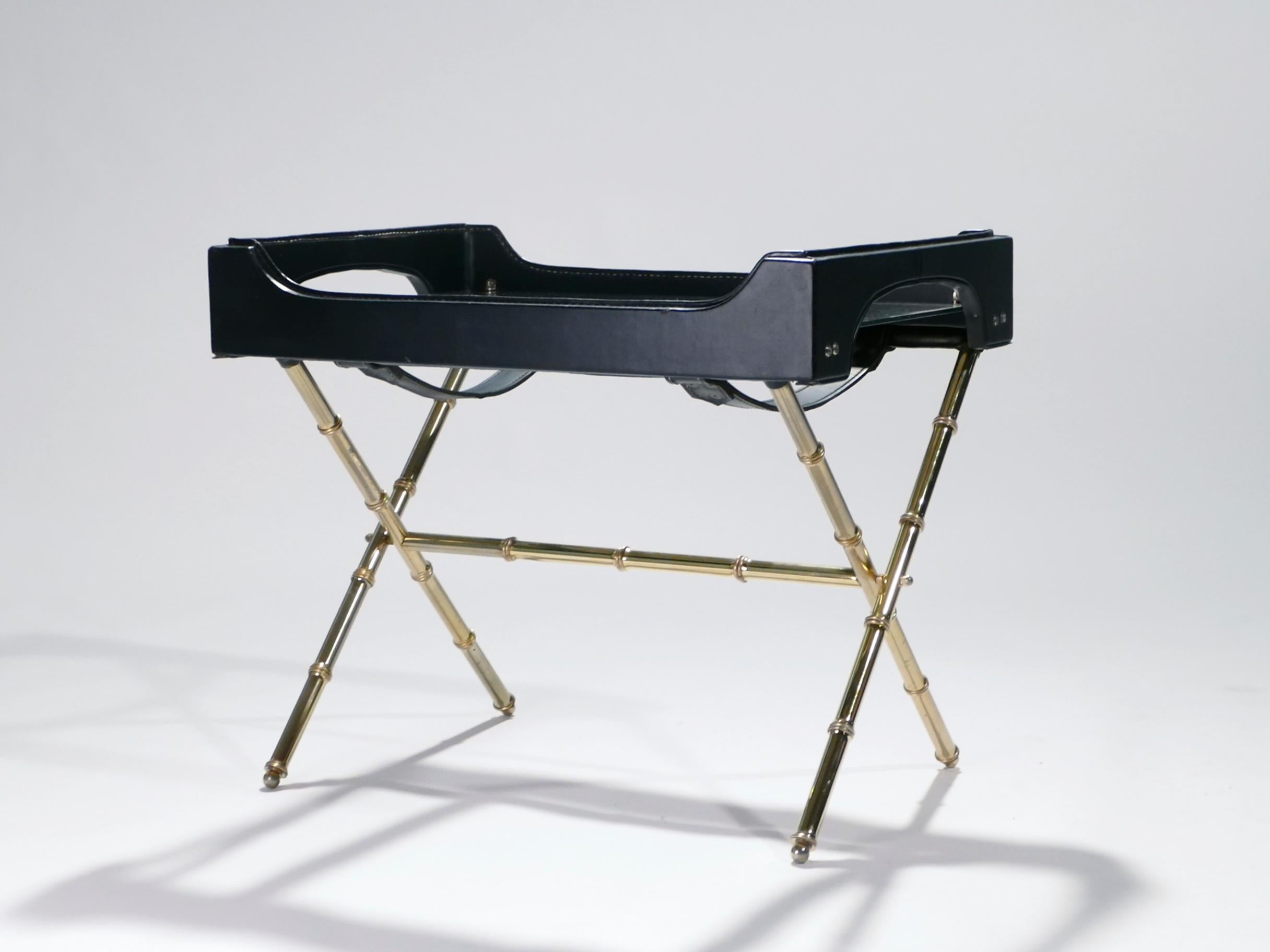 Mid-Century Modern French Jacques Adnet Leather and Brass Side Table with Tray, 1950s