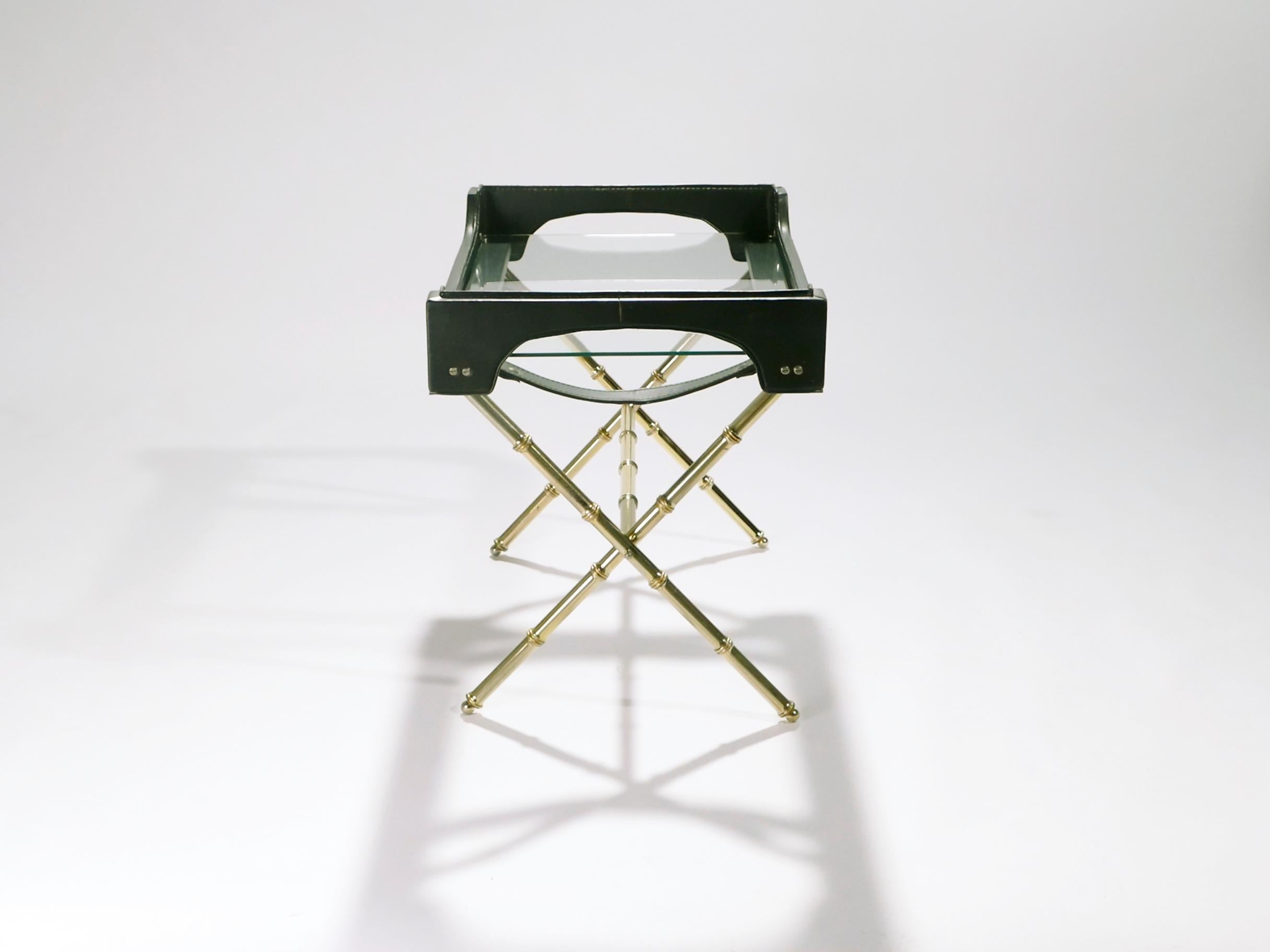 Mid-20th Century French Jacques Adnet Leather and Brass Side Table with Tray, 1950s