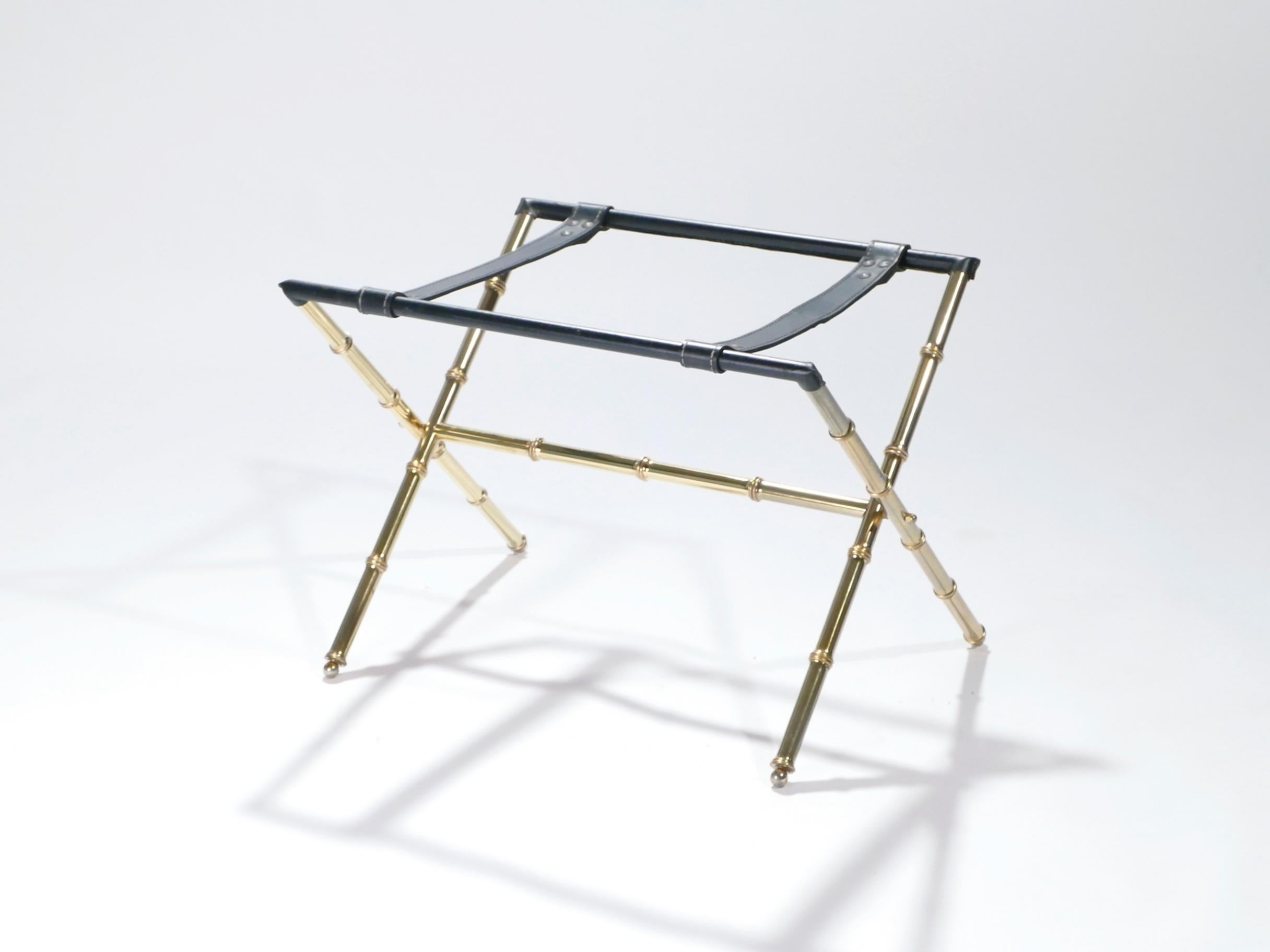French Jacques Adnet Leather and Brass Side Table with Tray, 1950s 4