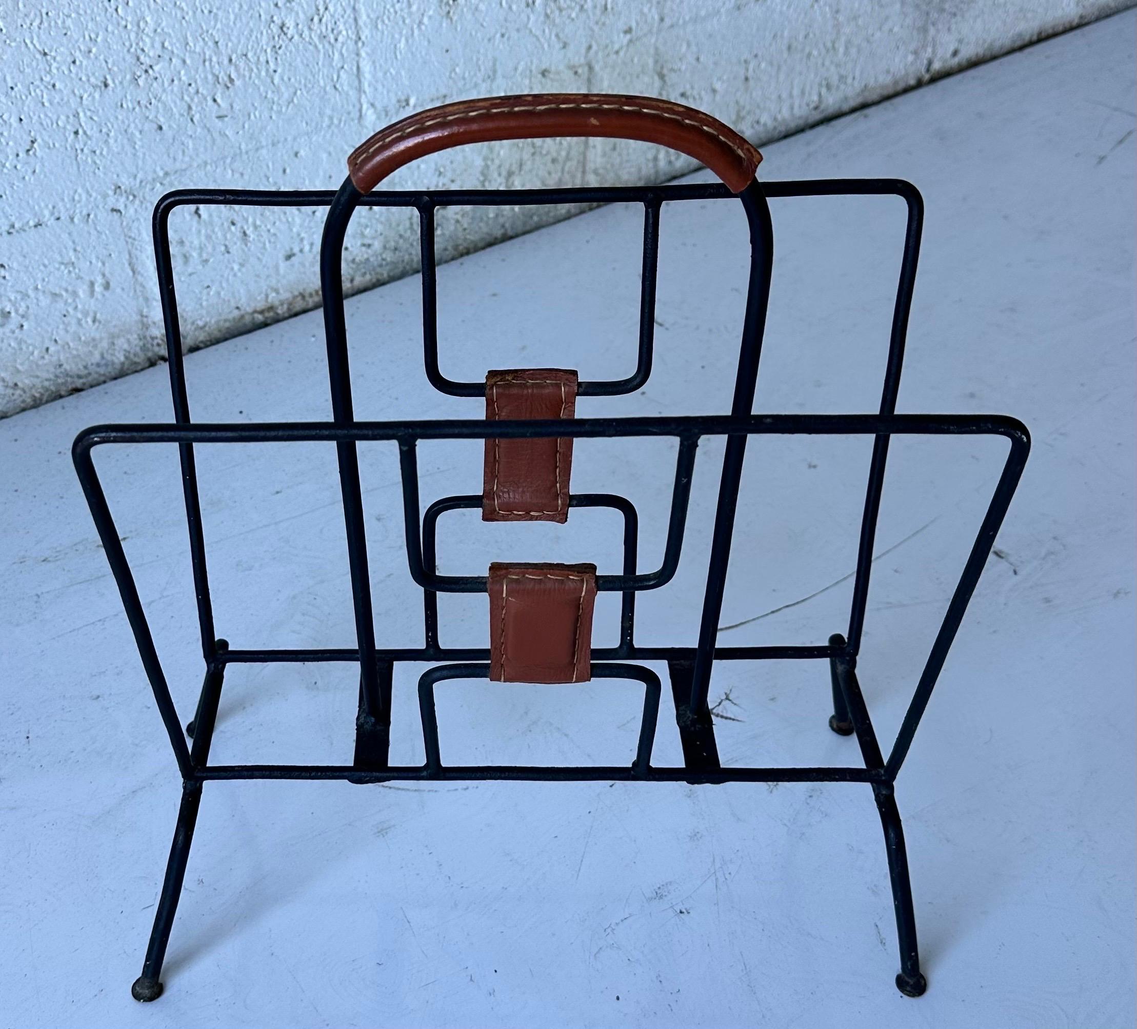 French Jacques Adnet Magazine, wrought iron and leather circa 1960.