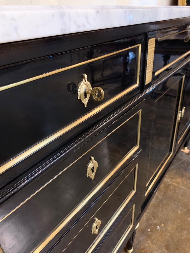 French Jansen Black Lacquered 4 Door Server With Marble Top At 1stdibs