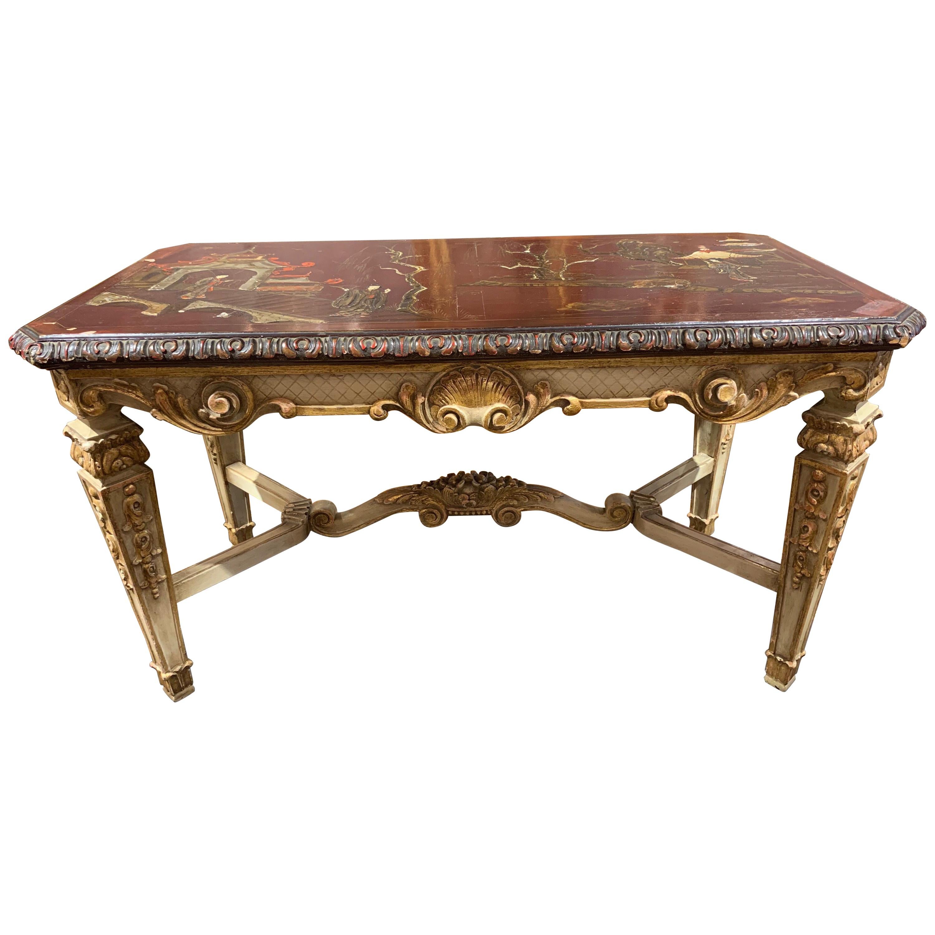 French Jansen Carved Parcel Gilt and Chinoiserie Low Table