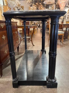 French Jansen Style Black Lacquered Consoles with Marble Tops
