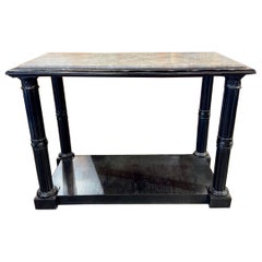 French Jansen Style Black Lacquered Consoles with Marble Tops