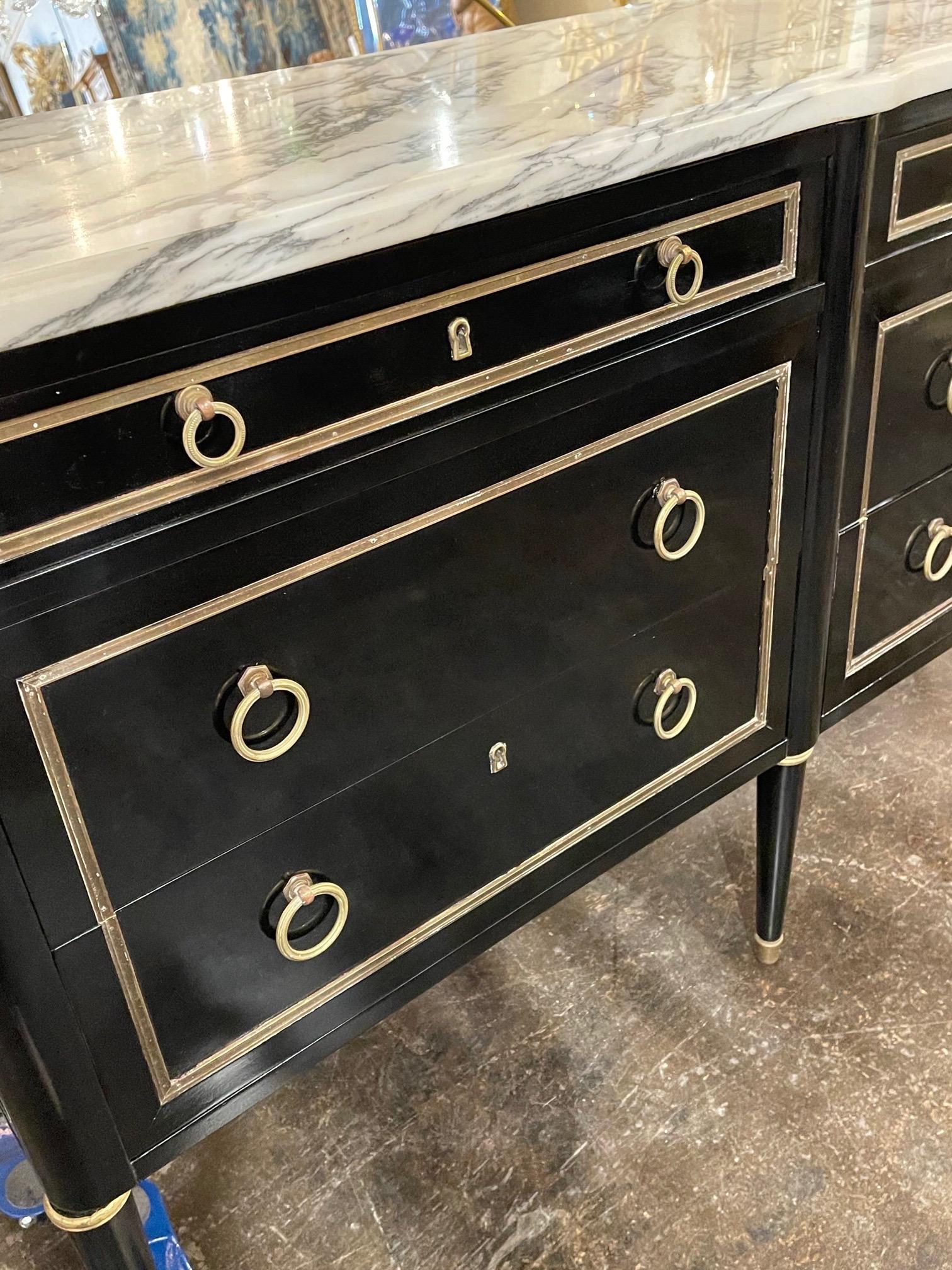 French Jansen Style Black Lacquered Dresser with Marble Top In Good Condition In Dallas, TX