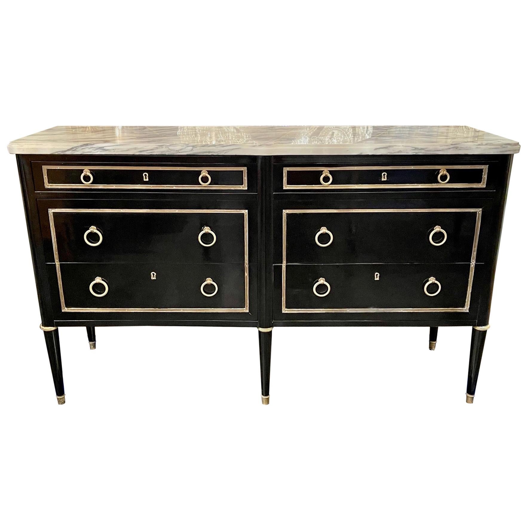 French Jansen Style Black Lacquered Dresser with Marble Top