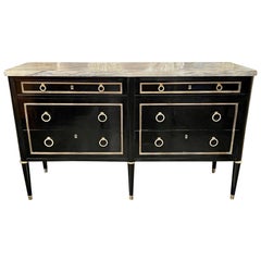French Jansen Style Black Lacquered Dresser with Marble Top