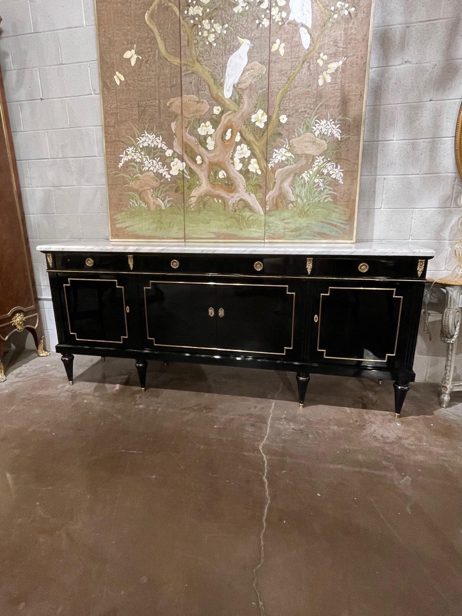 French Jansen Style Black Lacquered Sideboard with Brass Trim and a ...
