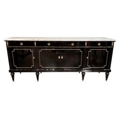 French Jansen Style Black Lacquered Sideboard with Brass Trim and a Marble Top