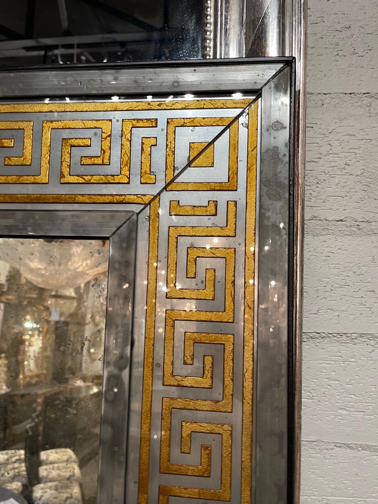 French Jansen Style Distressed Mirrors with Eglomise Greek Key Border In Good Condition In Dallas, TX
