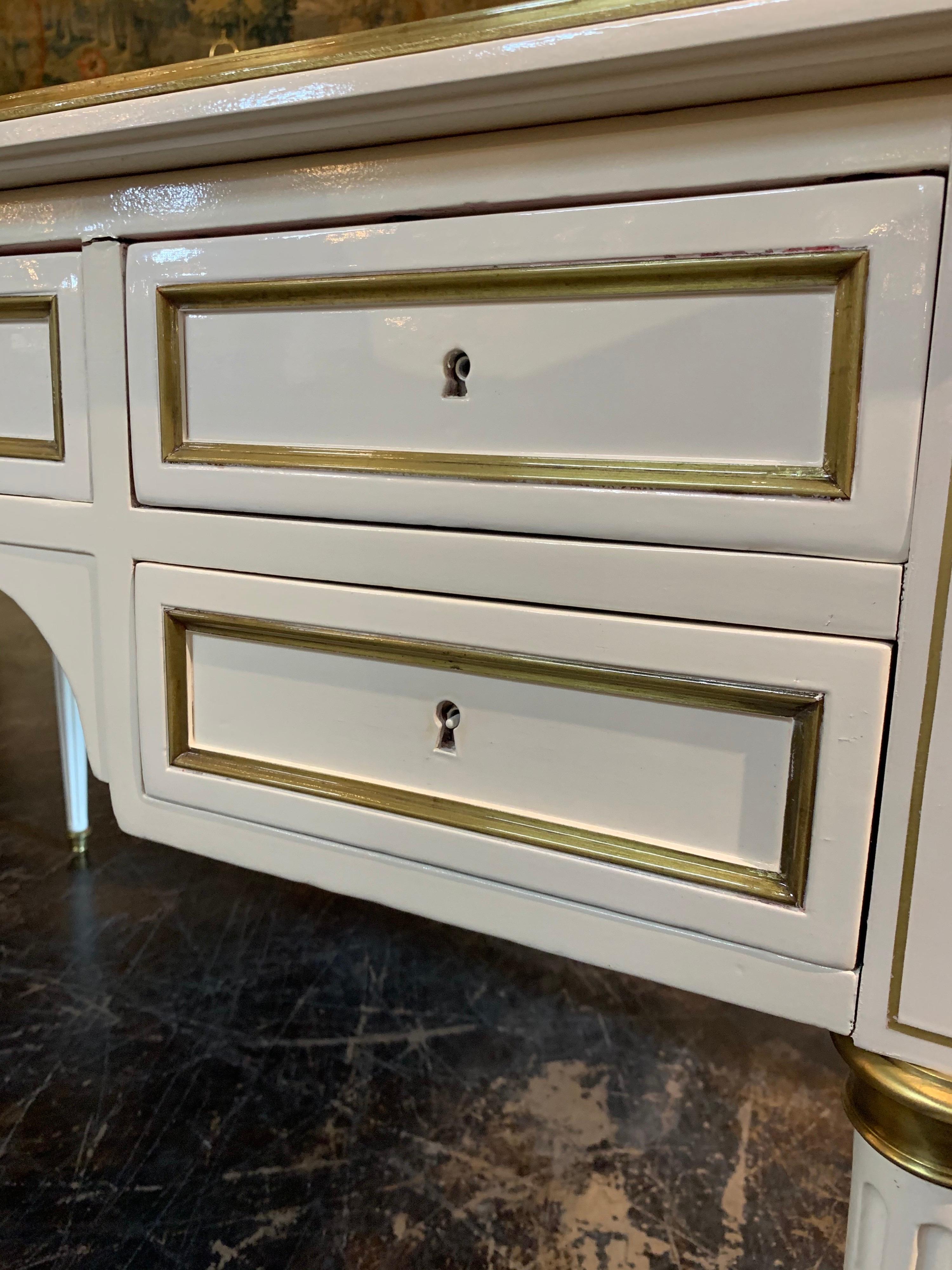 French Jansen Style White Lacquered and Brass Trim Desk with a Leather Top 1