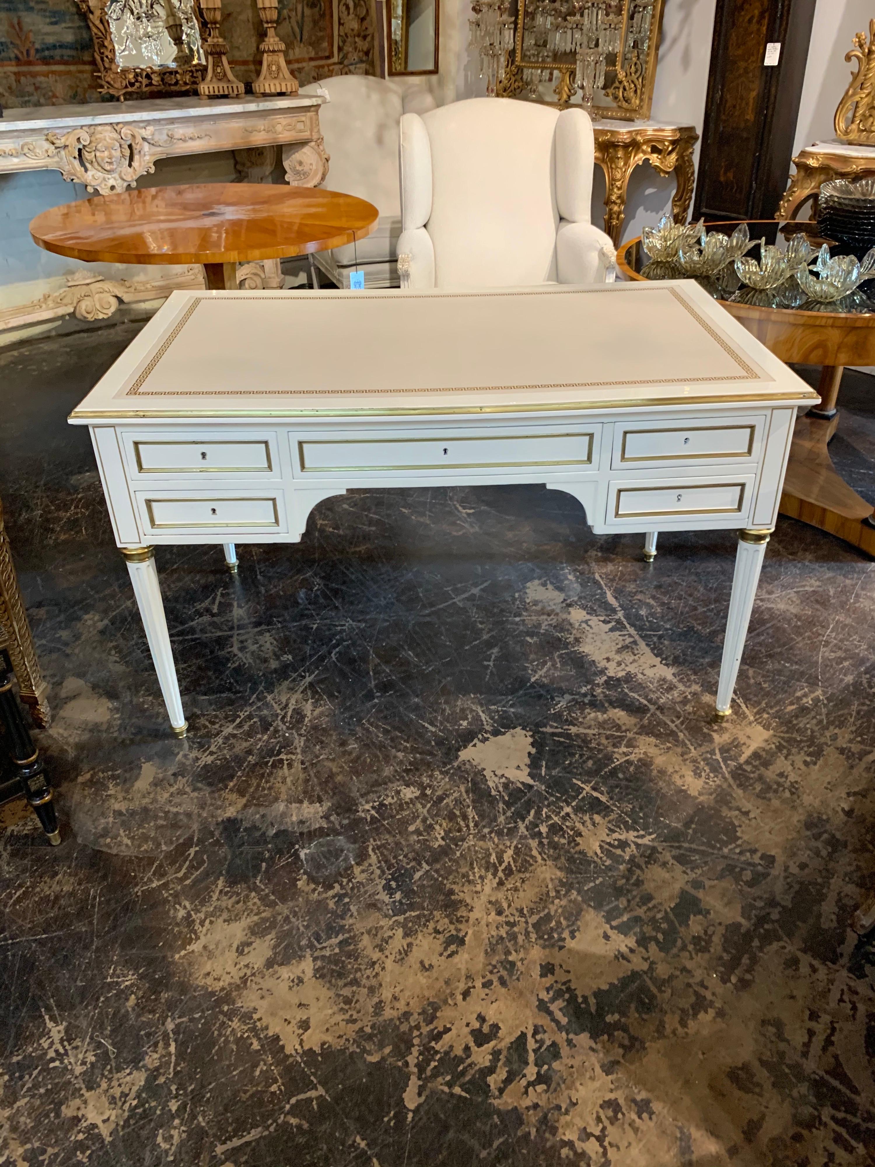 French Jansen Style White Lacquered and Brass Trim Desk with a Leather Top 2