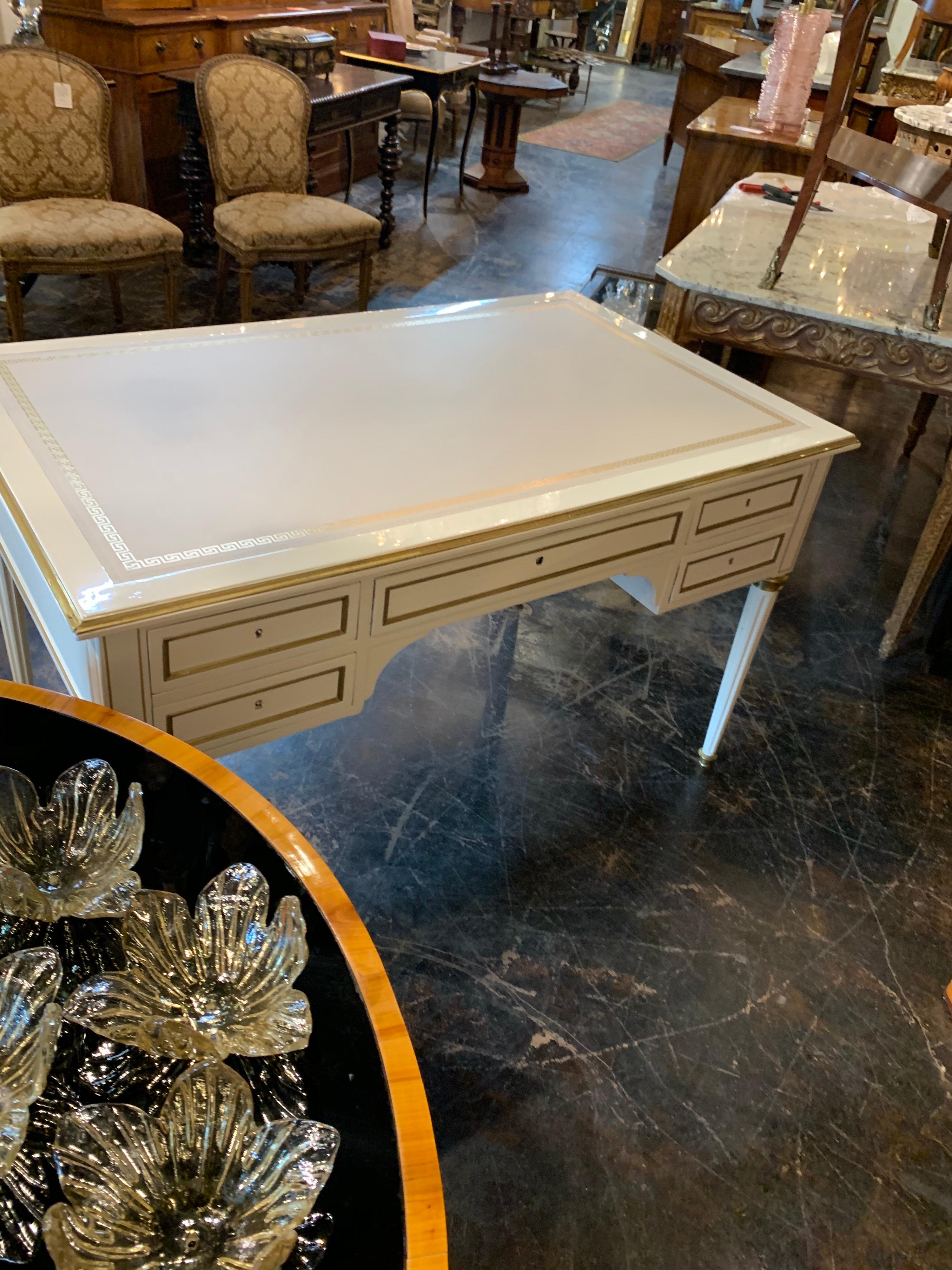 French Jansen Style White Lacquered and Brass Trim Desk with a Leather Top 3