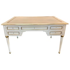 French Jansen Style White Lacquered and Brass Trim Desk with a Leather Top